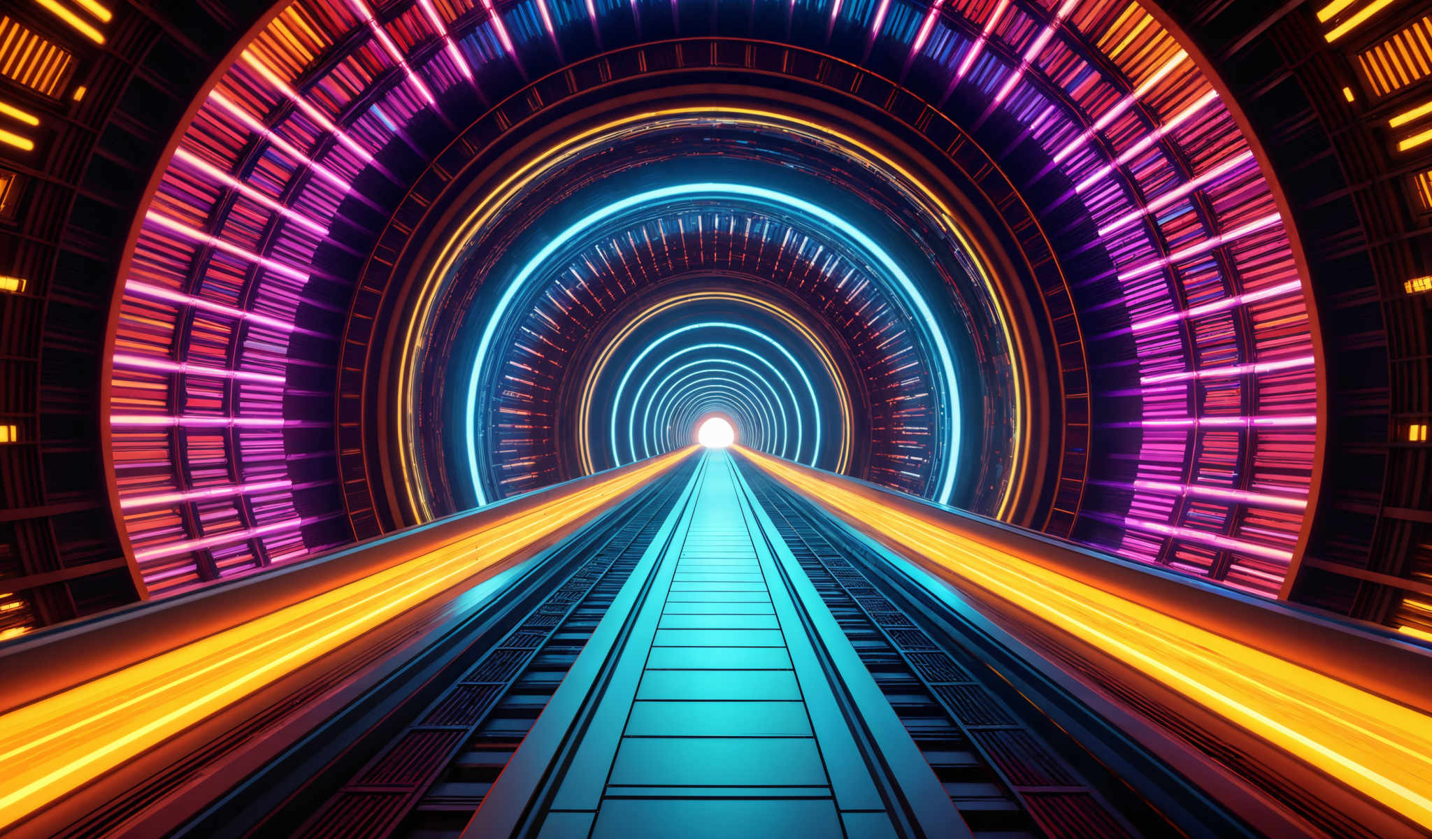 A futuristic train is traveling through a tunnel with a bright light at the end. The train is illuminated by blue and purple lights and the tunnel is lit up with orange and pink lights. The tunnel is curved and there are multiple levels of tracks. The tracks are made of metal and are lined with lights. At the end of the tunnel there is a bright white light. The image is a digital illustration.