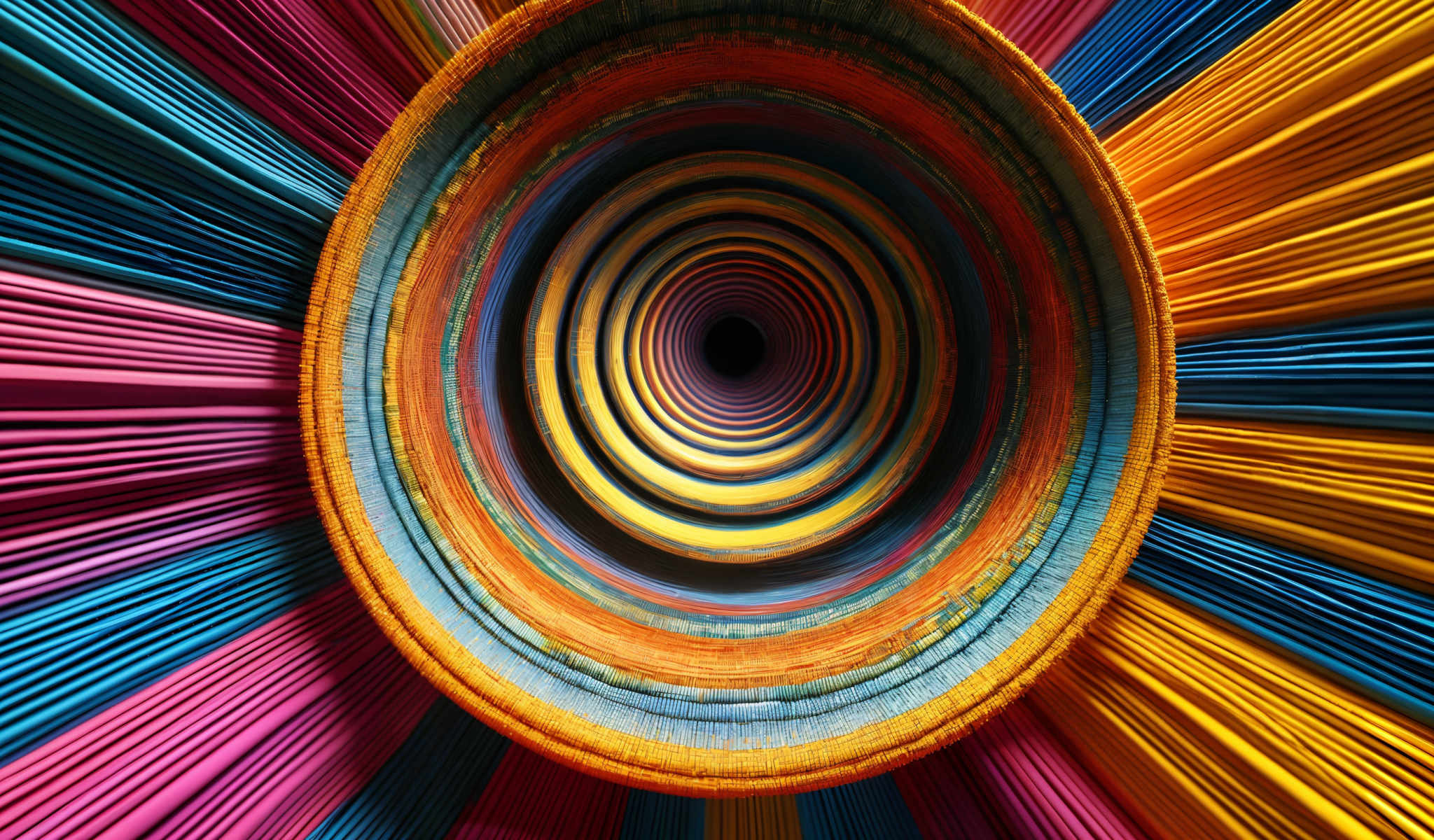 A colorful spiral of yarn with a black center.