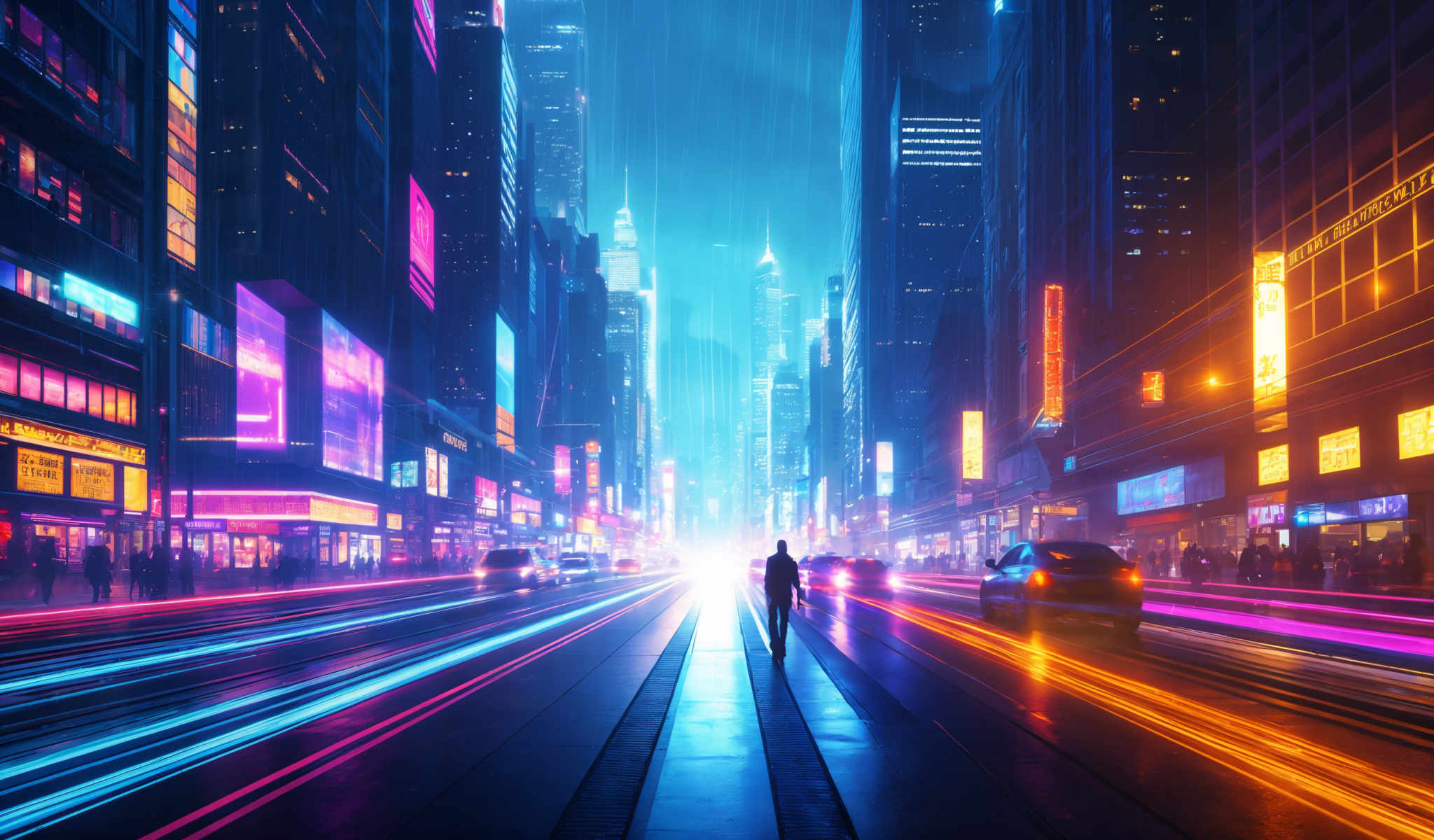 A man is walking down a city street at night. The street is illuminated by neon lights and streaks of light from passing cars. The buildings on either side of the street are tall and made of glass. The sky above is dark and cloudy. The man is wearing a black jacket and is walking towards the camera. The city is alive and vibrant even in the late hours.