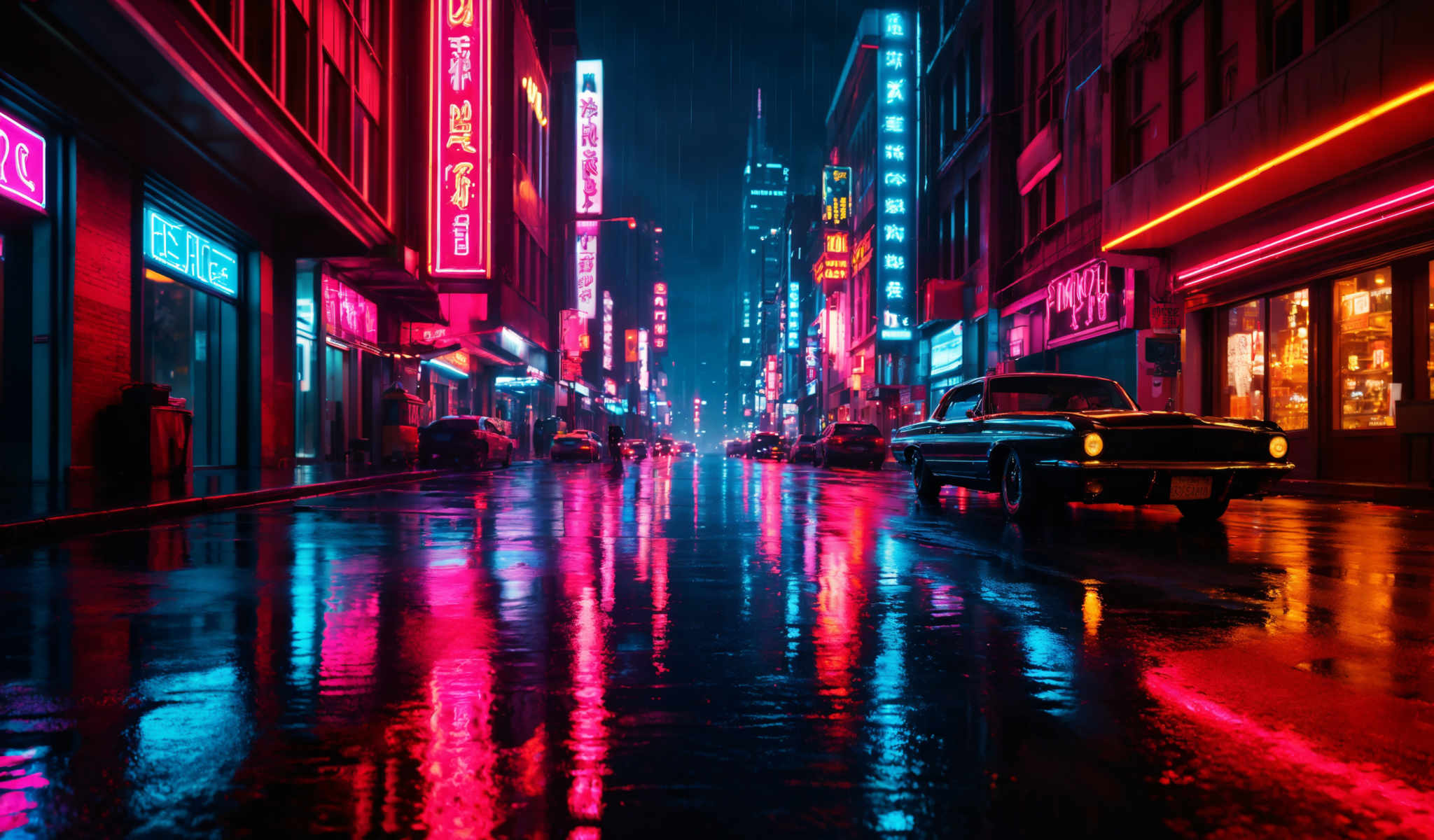 A neon-lit city street at night with cars and buildings.