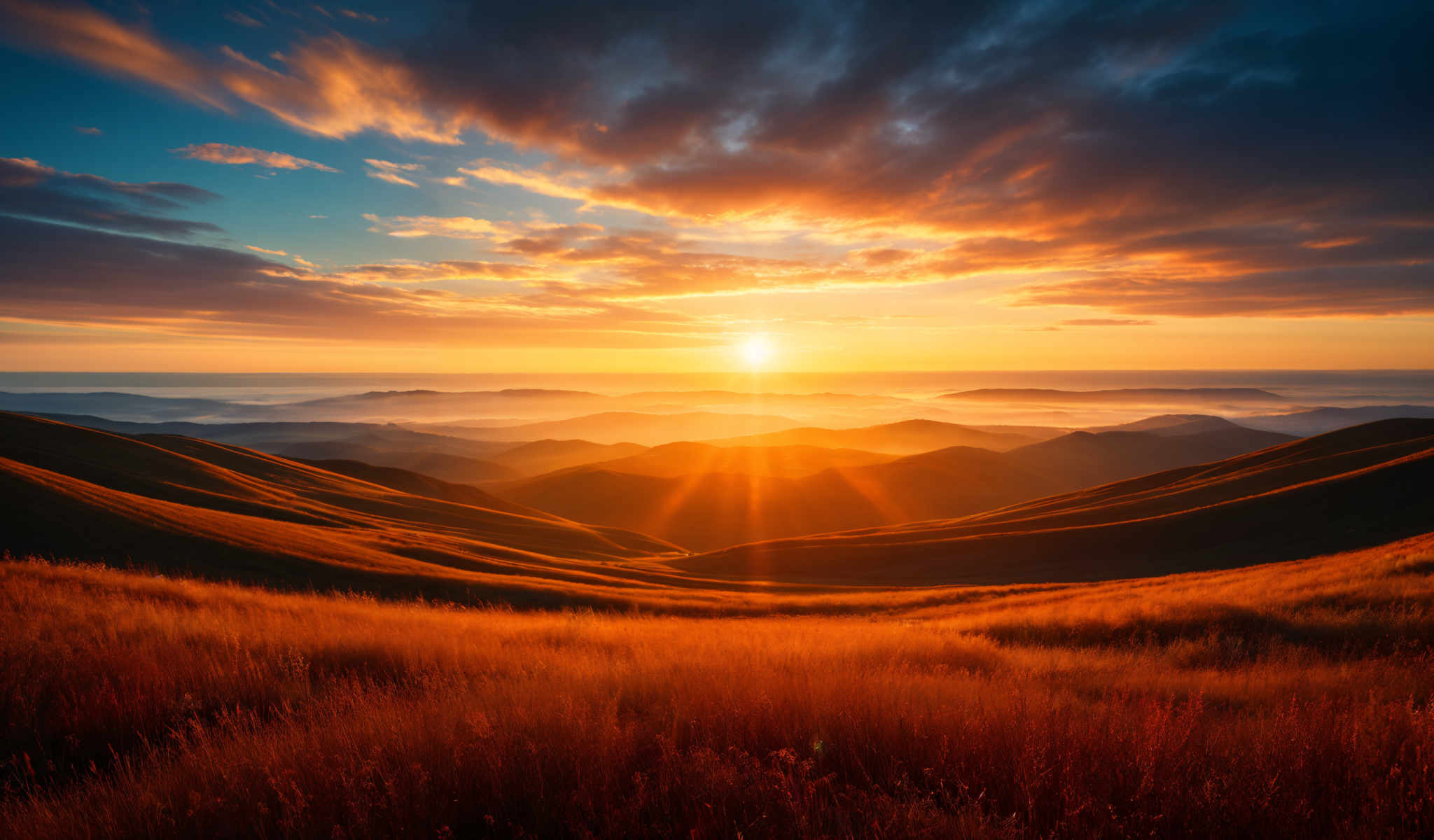 The image captures a breathtaking sunrise over a mountain range. The sun a radiant orb of light is just beginning to rise over the horizon casting a warm golden glow that gradually fades into a deep orange as it stretches across the sky. The mountains a mix of earthy browns and grays stand tall against this vibrant backdrop. The foreground is dominated by a field of tall grass its tips tinged with a soft orange hue from the rising sun. The image is taken from a high vantage point offering a panoramic view of the scene. The overall composition of the photo suggests a serene and tranquil morning in a remote natural setting.