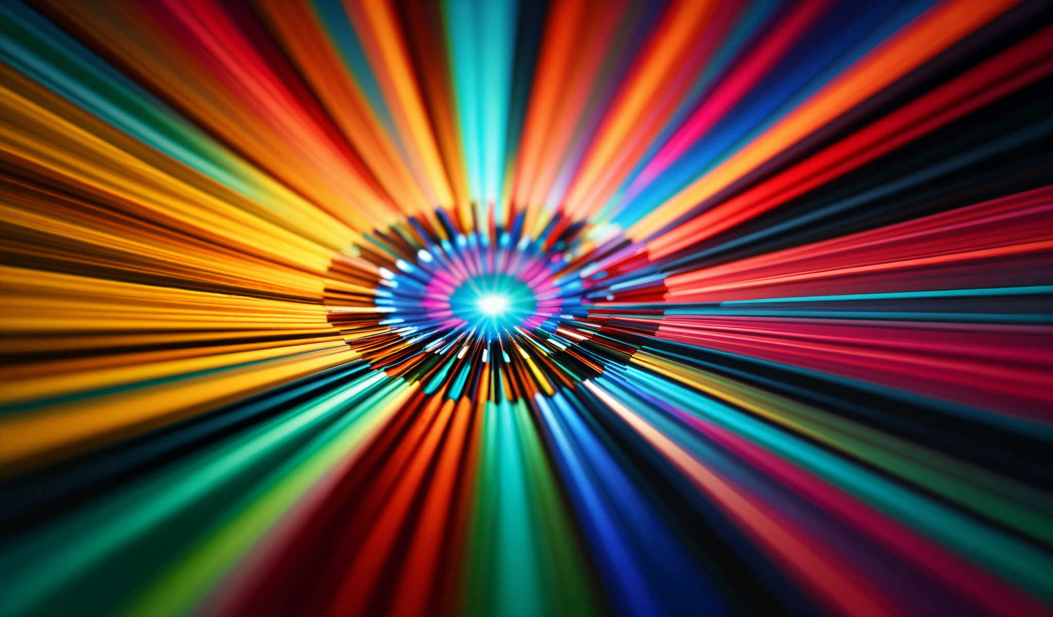 A vibrant colorful image of a spiral of light. The spiral is composed of thin multicolored lines that radiate outwards from the center. The colors include red orange yellow green blue and purple. The center of the spiral is a bright white light.