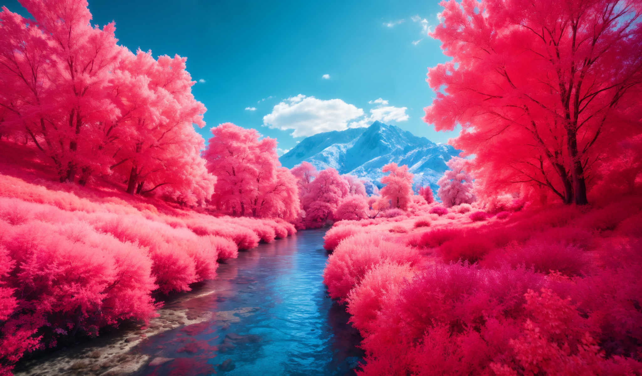 A serene scene of a river flowing through a forest of pink trees. The river a deep blue is the central focus of the photo. It's surrounded by trees on both sides their pink leaves creating a beautiful contrast against the blue of the water. The trees are dense indicating a healthy and thriving forest. In the distance a mountain covered in snow can be seen adding a sense of depth and scale to the image.

The sky above is a clear blue with a few clouds scattered across it. The photo is taken from a low angle looking up at the trees and the mountain which gives a sense that the viewer is standing in the river and looking up. The image does not contain any text or man-made objects making it a pure representation of nature's beauty. The relative positions of the objects suggest a peaceful coexistence between the different elements of the landscape. The mountain river and forest all exist harmoniously each contributing to the overall tranquility of the scene. The colors objects and their arrangement create a visually pleasing image that captures the essence of nature.