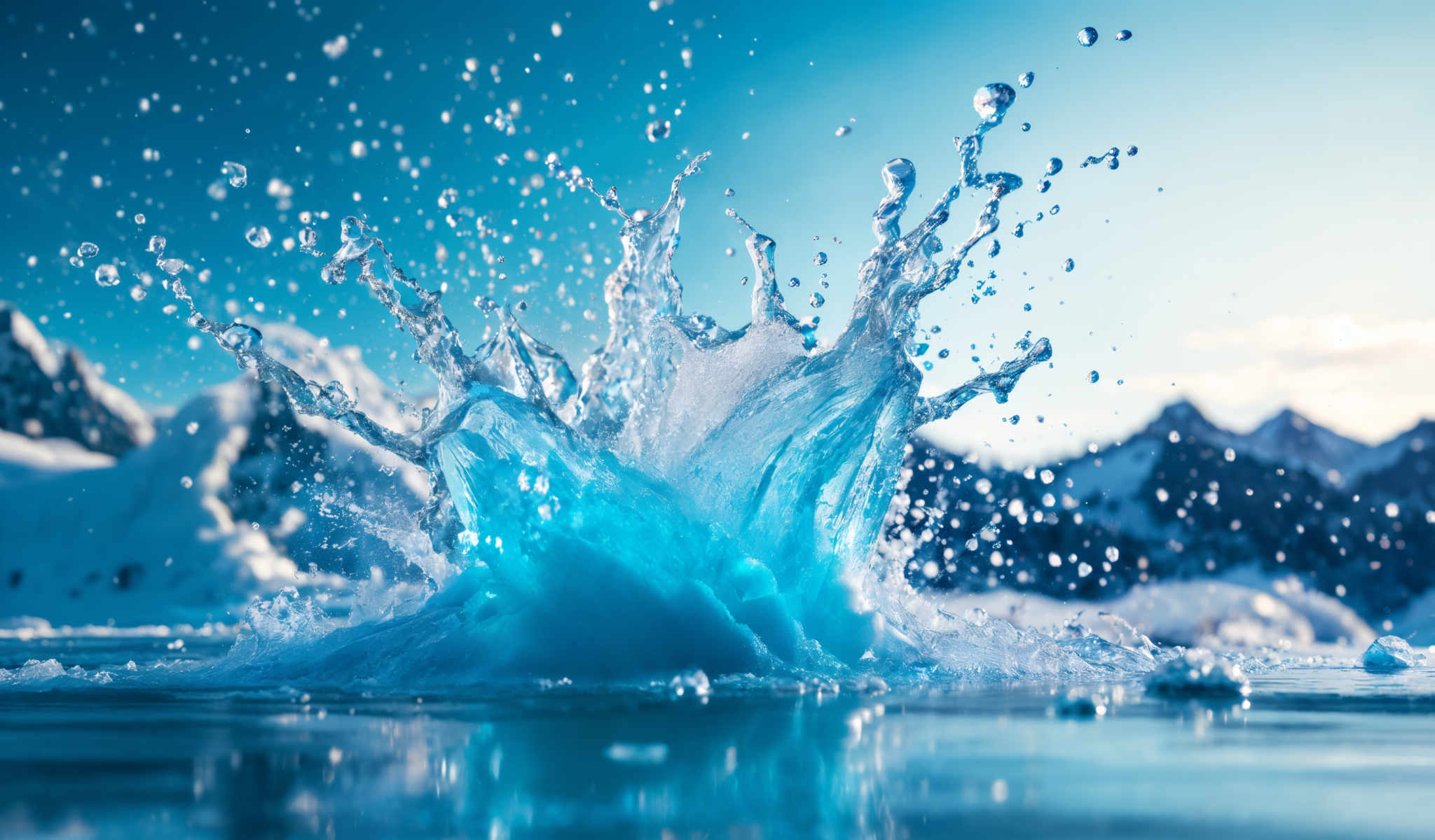 A blue water splash with bubbles in the air.