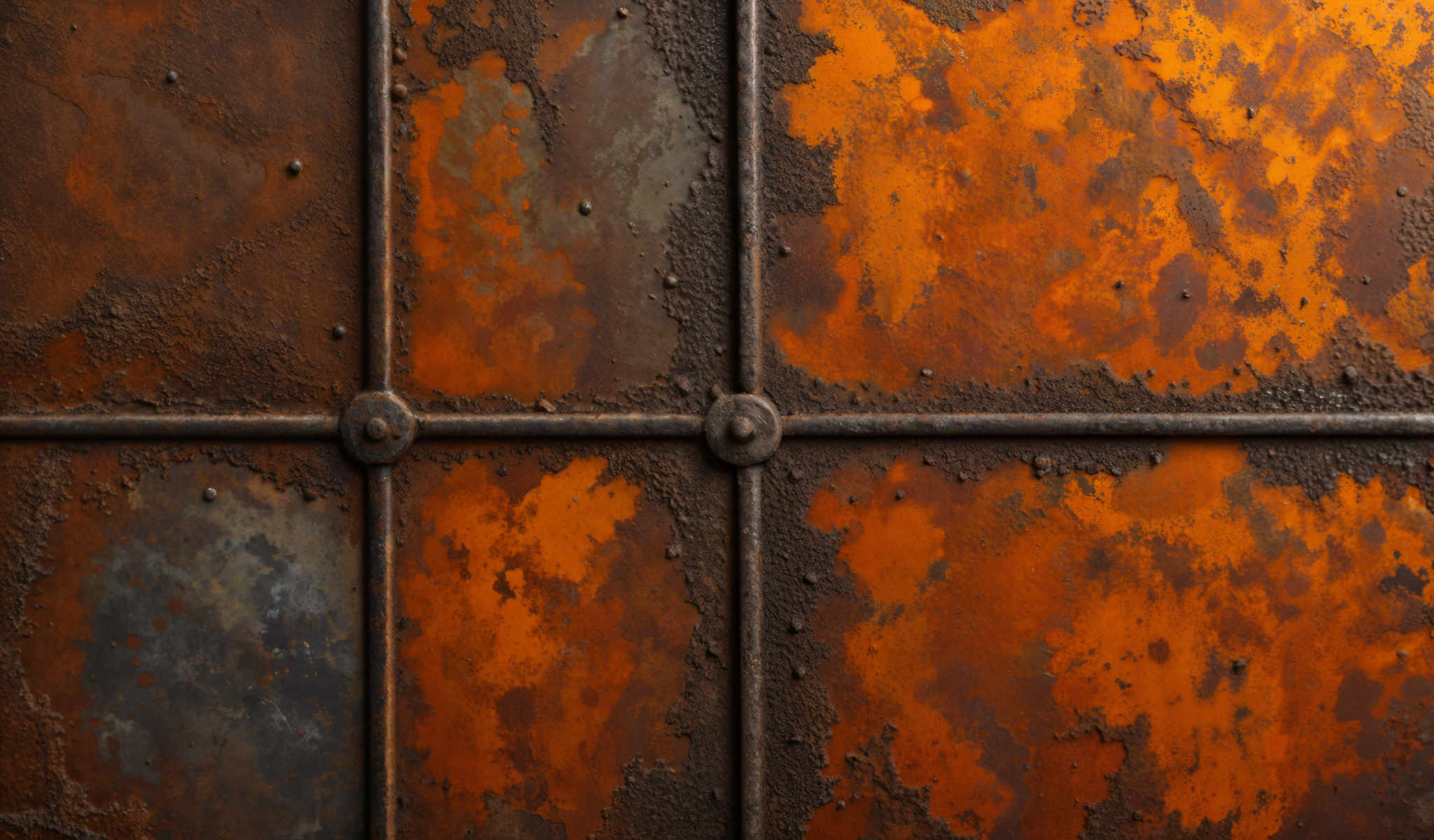 A close up of a rusted metal grid. The grid is composed of squares and rectangles with some areas showing signs of rust and others appearing more weathered. The rust is a mix of orange and brown with a few areas of green. The metal is a dark gray color and the grid is held together by small bolts. The image is a close up focusing on the details of the rust and the metal grid itself.