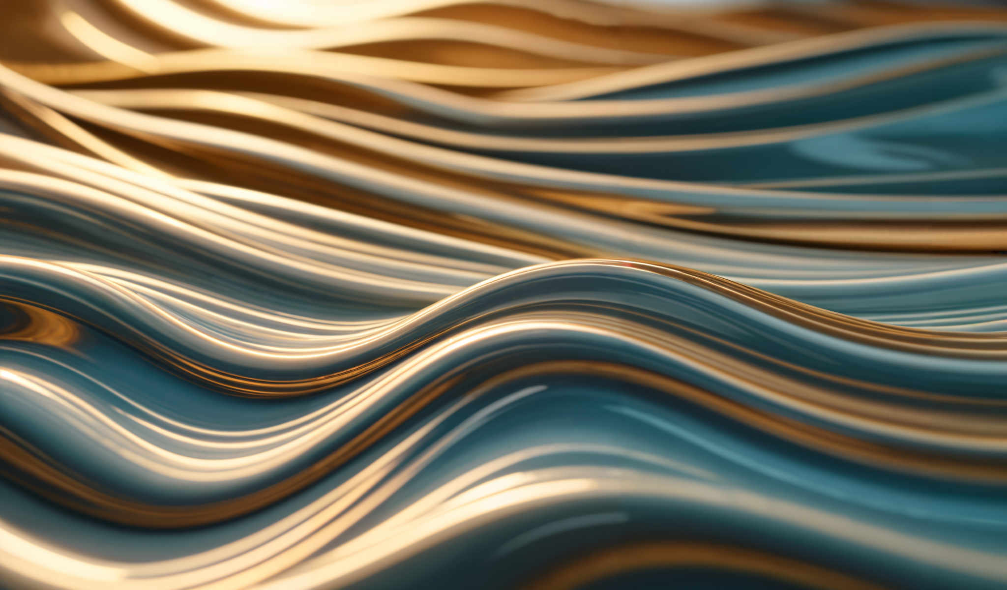 The image presents a close-up view of a wave-like pattern. The pattern is composed of thin curved lines that are colored in shades of blue and gold. The lines are arranged in a diagonal direction creating a sense of movement and fluidity. The background of the pattern is a darker shade of blue providing a stark contrast to the lighter lines. The overall effect is a visually striking image that captures the essence of a fluid dynamic pattern.