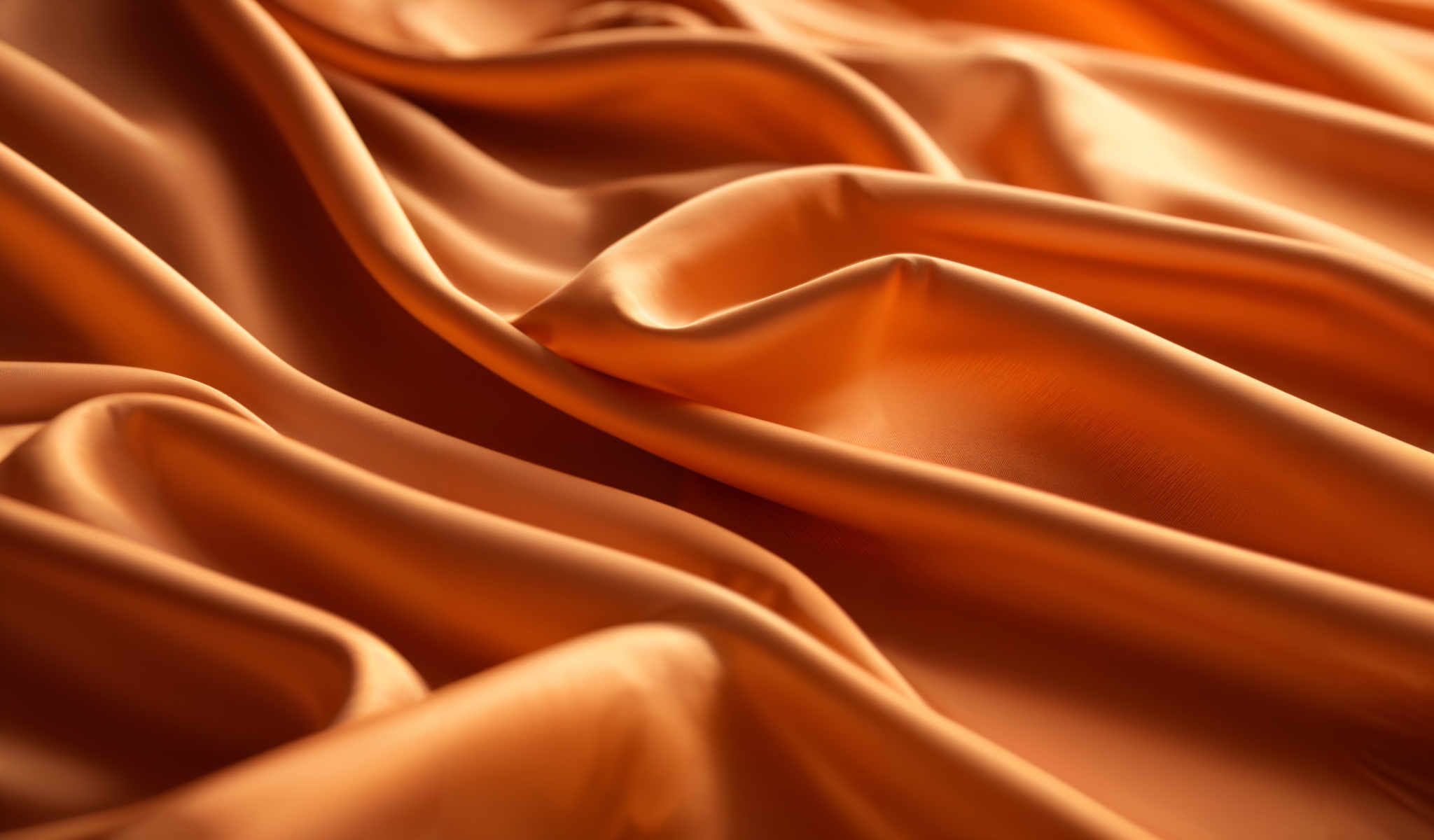 The image shows a close-up of a piece of fabric. The fabric is a vibrant orange color and has a shiny texture. It appears to be made of a silky material. The folds in the fabric create a sense of depth and movement in the image giving it a dynamic feel. The image does not contain any text or other discernible objects. The focus is solely on the fabric and its texture.