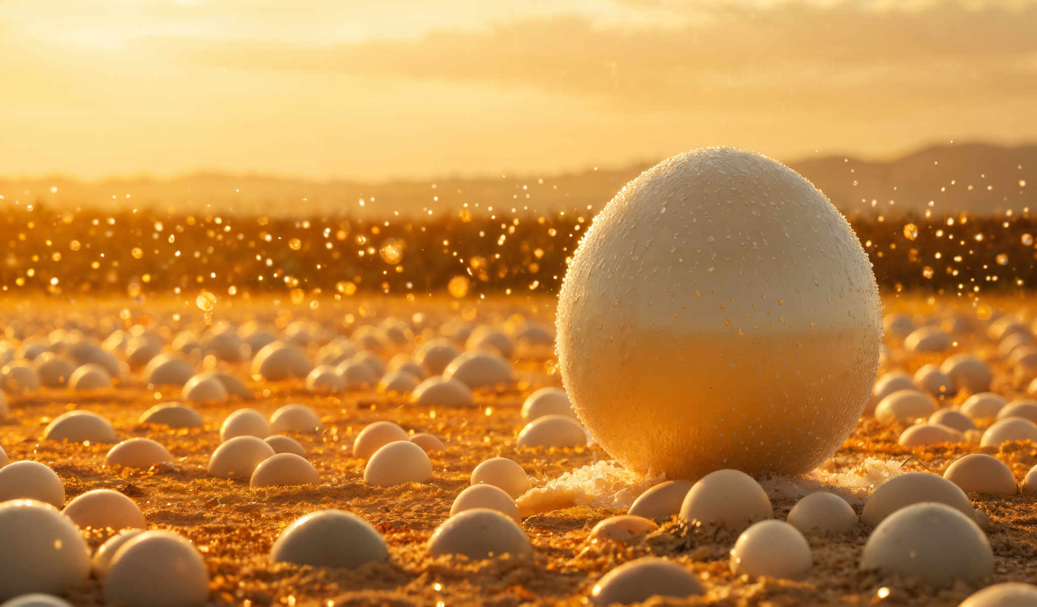 A large white egg is surrounded by a multitude of smaller white eggs.