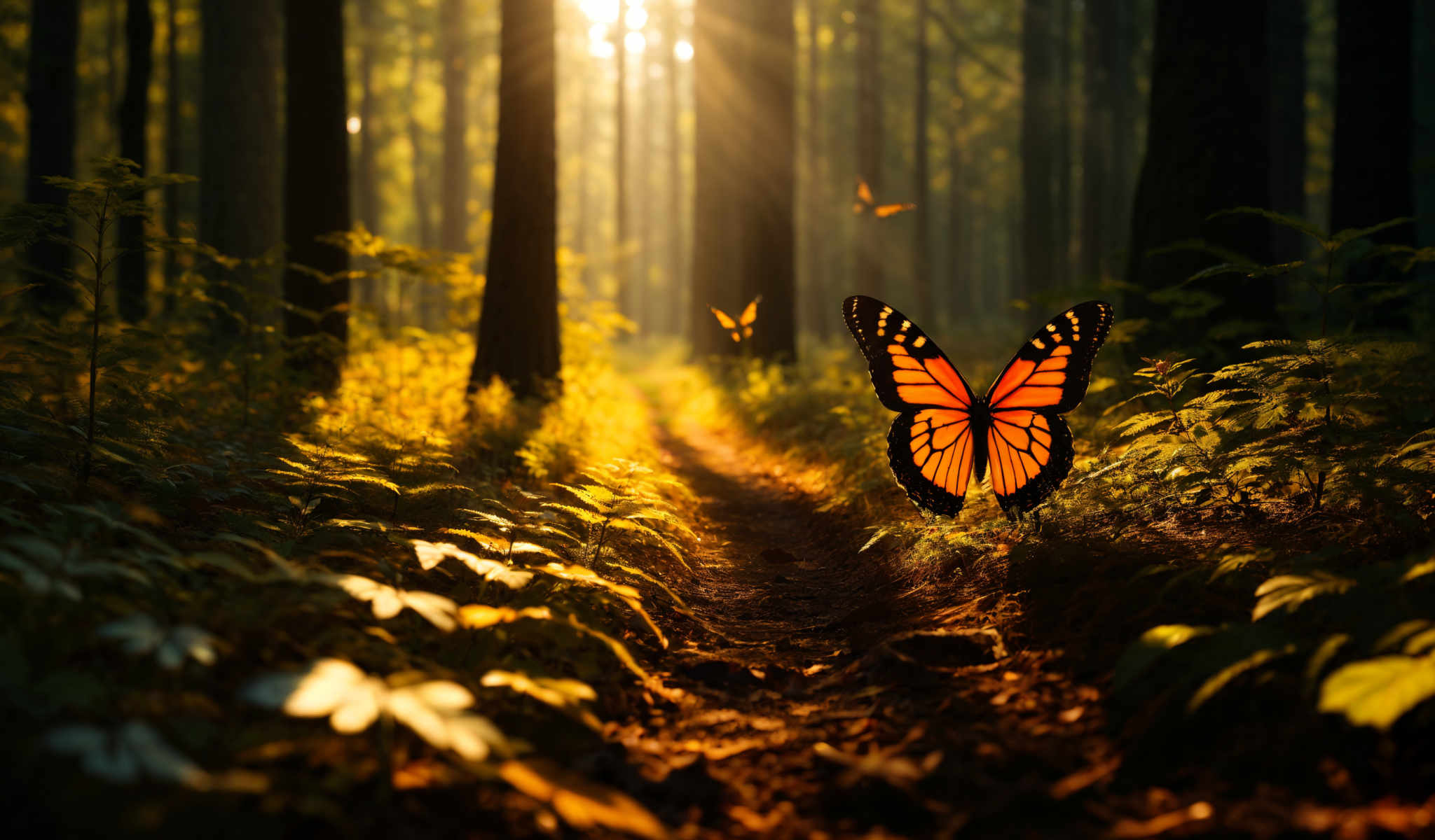 A butterfly with orange wings is flying over a forest path.