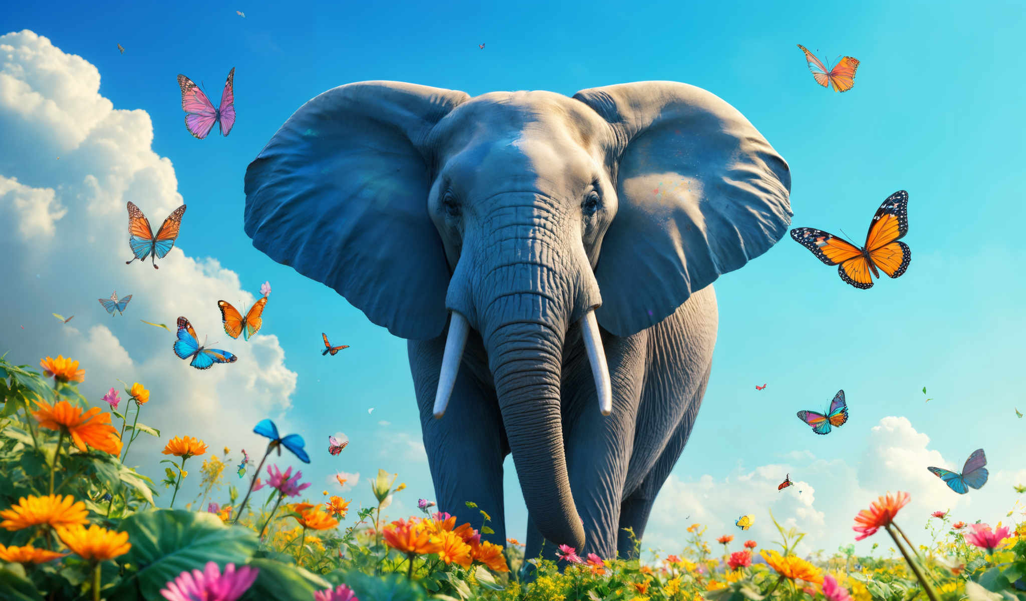 A large elephant with a blue skin and white tusks is standing in a field of flowers. The elephant is surrounded by butterflies and flowers.