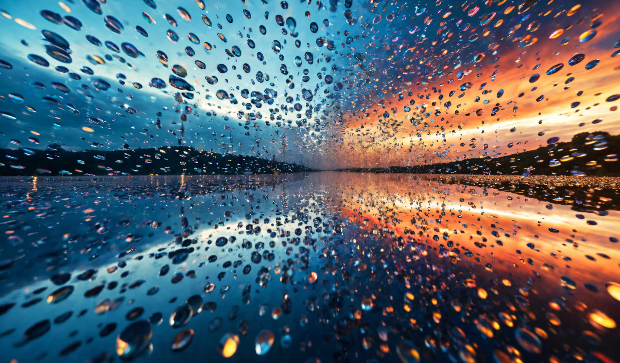 A beautiful blue sky with a sunset and a reflection of the sky in the water below.