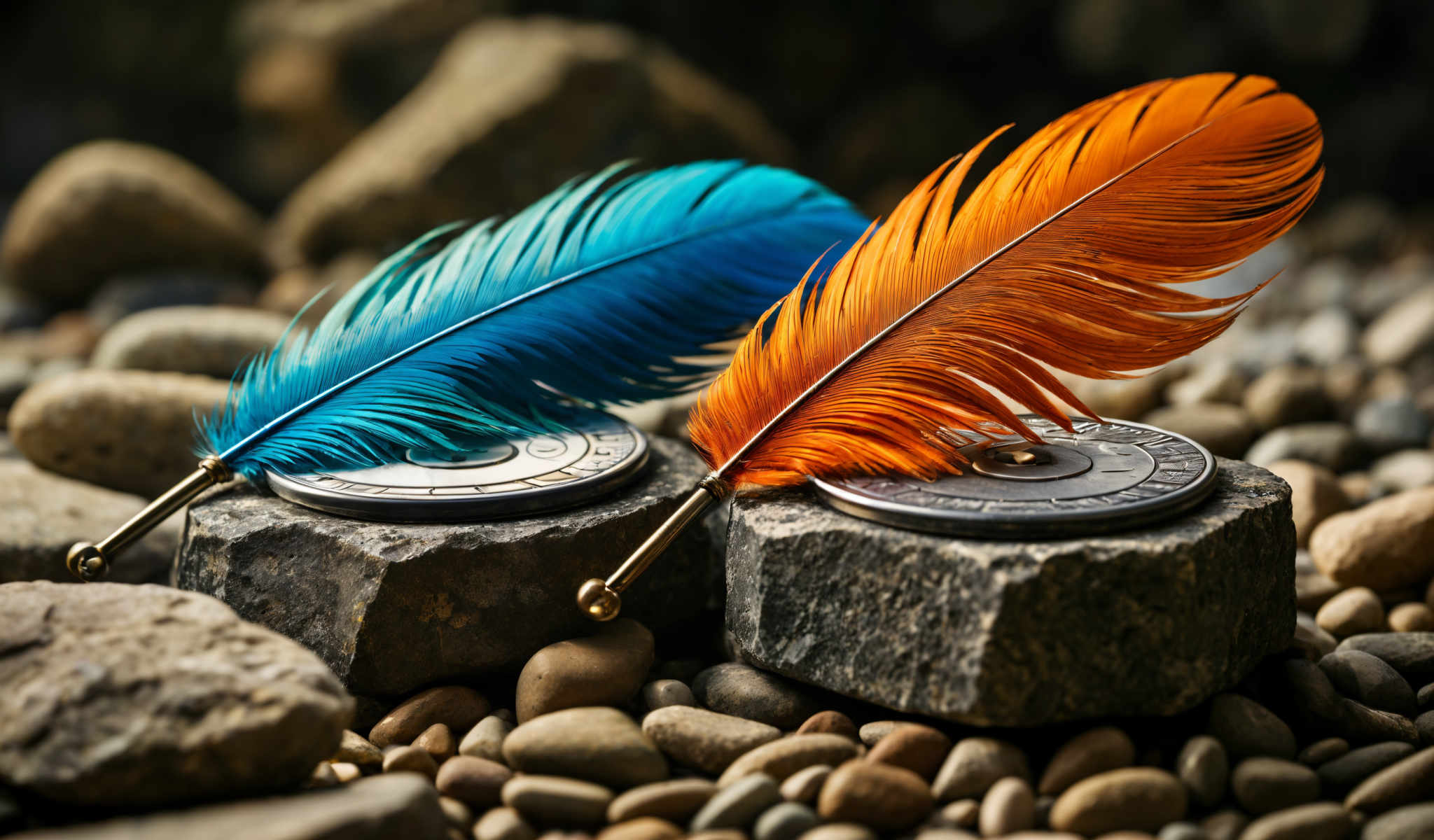 The image shows two feather quill pens resting on a bed of rocks. The pens are made of feathers in shades of blue and orange. The blue feather pen is positioned on the left and the orange feather pen on the right. Both pens have gold nibs and are resting on black and silver metal plates. The plates are placed on a pile of rocks in various shades of gray and brown. The background is blurred and indistinguishable.