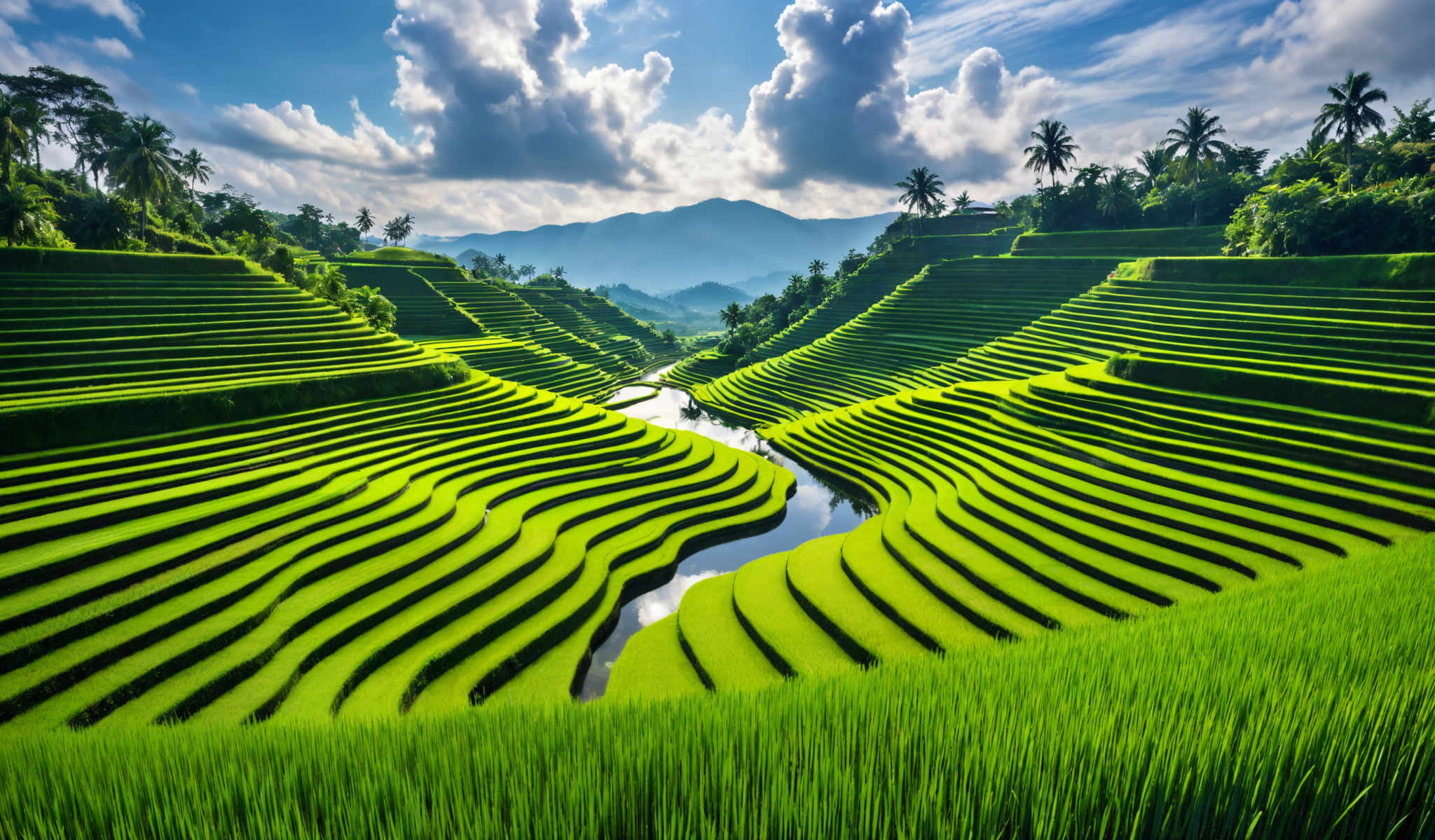 A beautiful view of a river flowing through a valley with rice fields on both sides. The fields are green and the river is blue. The sky is blue with white clouds. There are palm trees in the background.