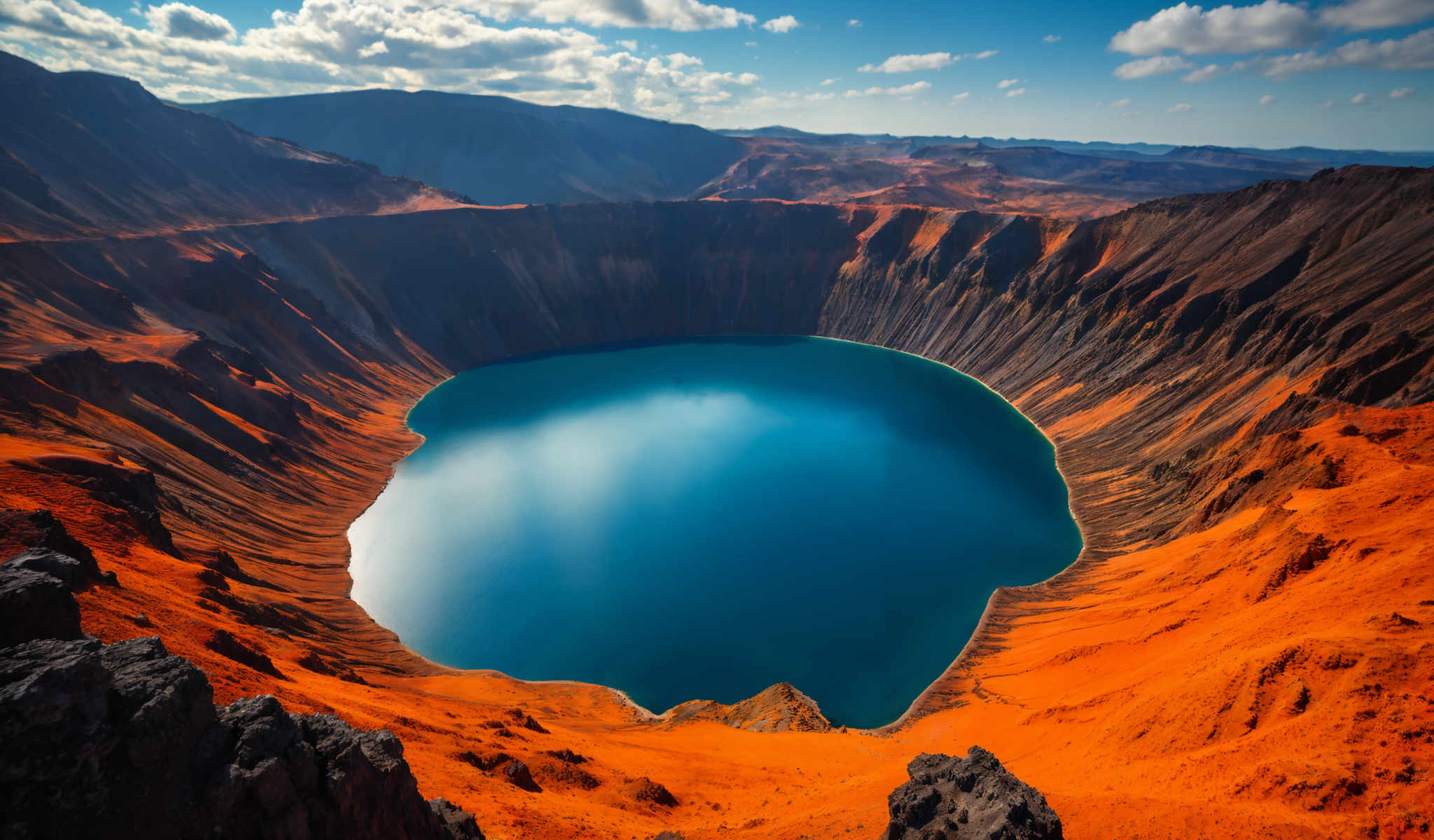 A large blue lake is surrounded by mountains and cliffs.