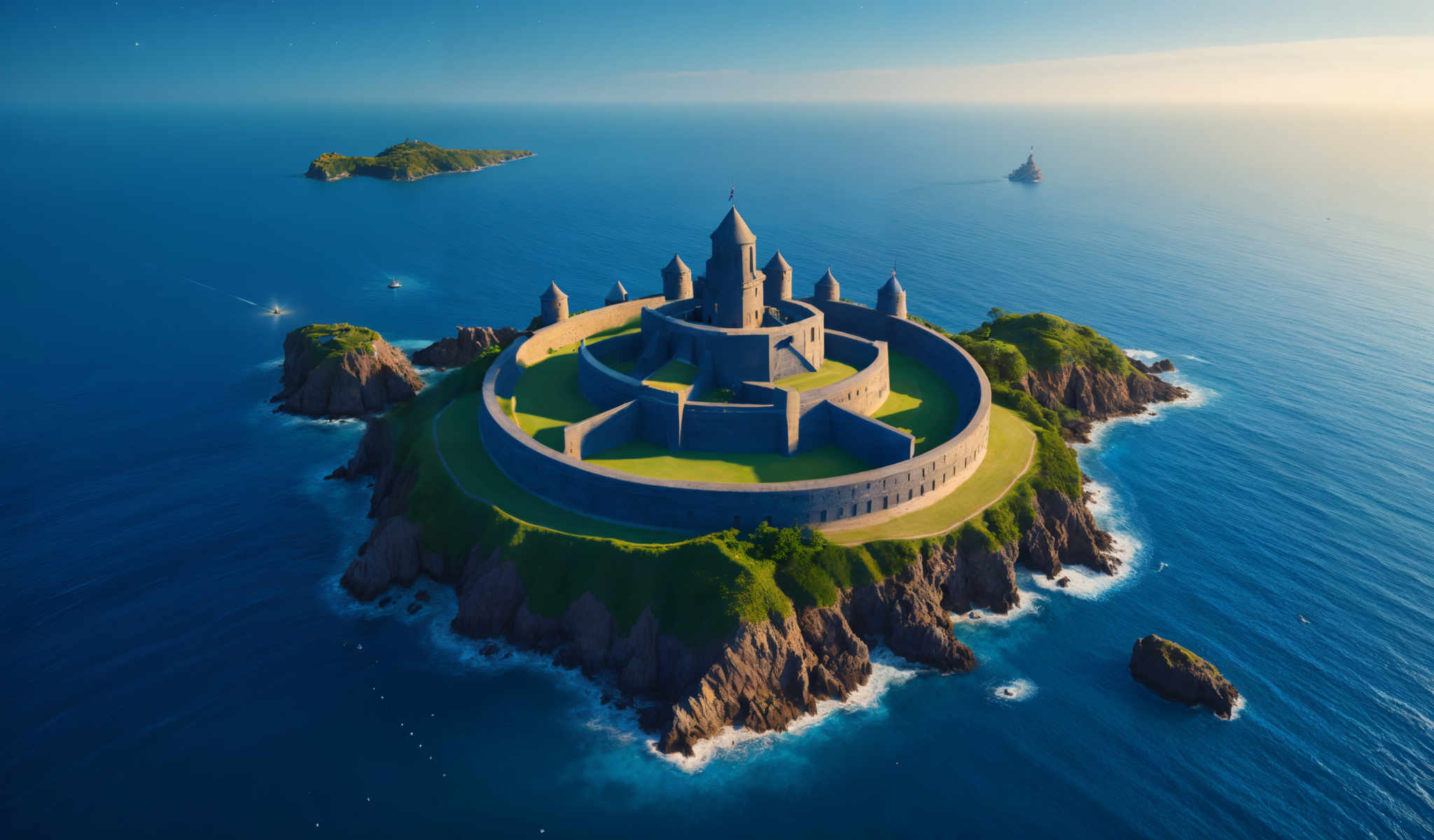 A castle-like structure is perched on a small island in the middle of the ocean. The structure is multi-leveled and features a tower on the top. The island is surrounded by water and is located in the center of the photo. The sky above is clear and blue and there are a few small islands visible in the distance. The photo is taken from an aerial perspective providing a bird's eye view of the island and its surroundings. The colors in the photo are vibrant with the blue of the water and sky contrasting with the green of the vegetation on the island. The castle-like building stands out against this backdrop its stone structure adding a touch of antiquity to the scene. The image does not contain any text or discernible actions. The relative positions of the objects suggest a peaceful isolated location with no signs of human activity or disturbance. The overall impression is one of tranquility and solitude.