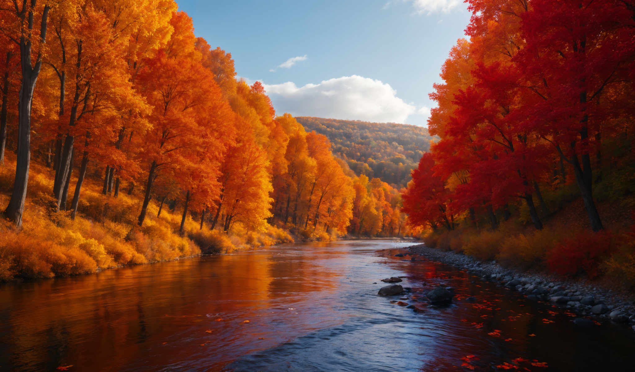 A serene autumn scene with a river flowing through a forest of trees with orange and yellow leaves. The river is surrounded by a multitude of trees creating a beautiful and peaceful atmosphere. The sky above is a clear blue adding to the overall tranquility of the scene. The colors in the image are vibrant and the lighting is natural highlighting the beauty of the fall season. The image captures the essence of nature's beauty and the calmness of a river in the heart of a forest.