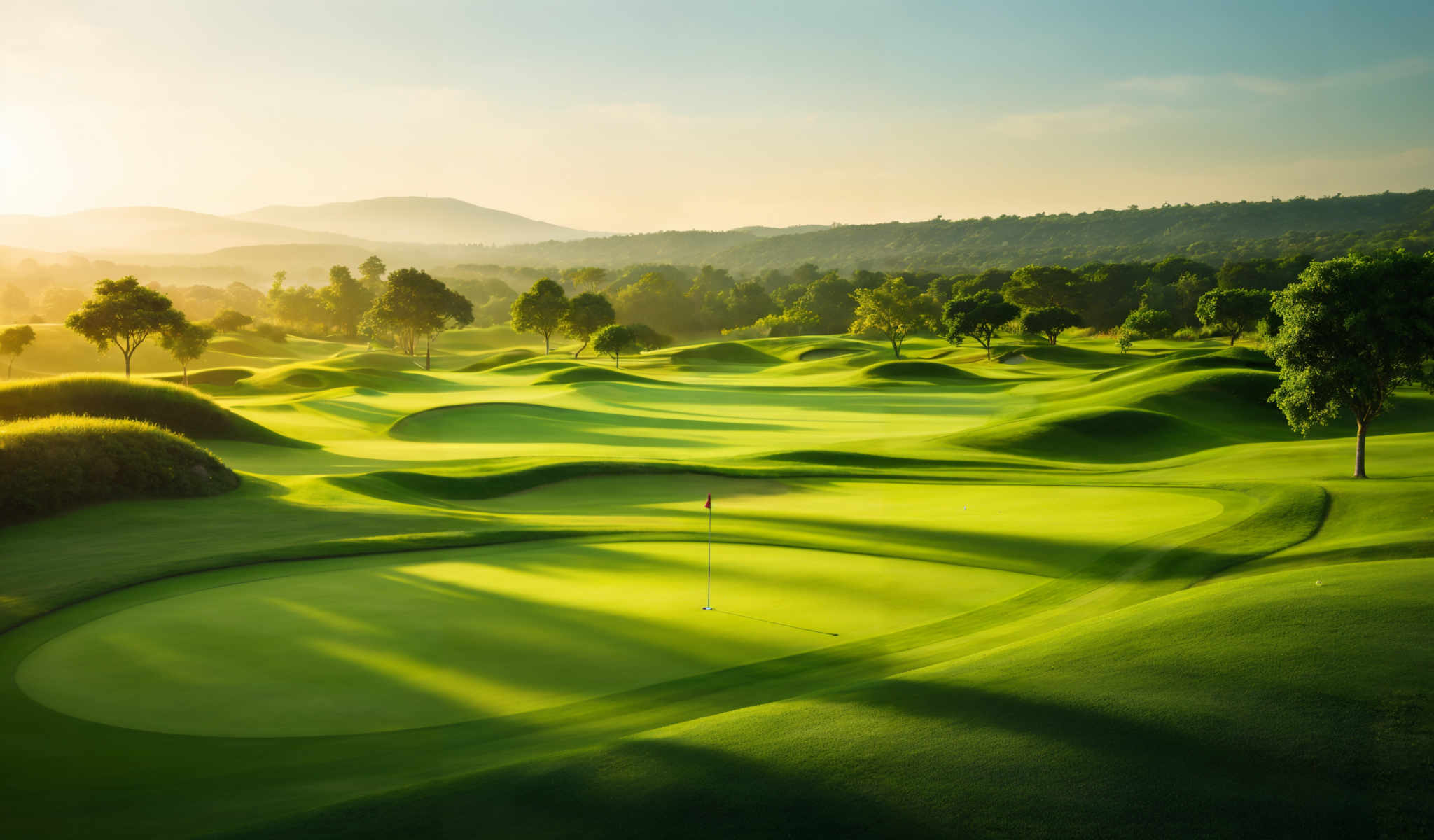 A golf course with a green flag on the hole.