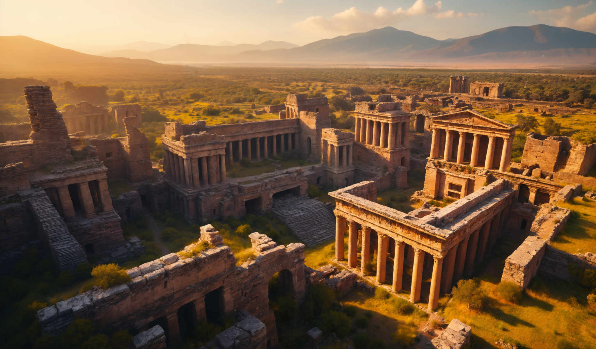 The image shows an ancient city with ruins of stone buildings. The buildings are in various states of decay with some columns and arches still standing. The ruins are surrounded by a field of grass and trees and the sky is visible in the background. The city appears to be located in a desert or arid region. The colors in the image are predominantly brown and green with the stone buildings and the grassy field. The sky adds a blue and white element to the scene. The image does not contain any text or discernible actions. The relative positions of the objects suggest that the buildings were once part of a larger structure now in ruins. The grass and the trees are scattered around the ruins growing in the spaces between the buildings.