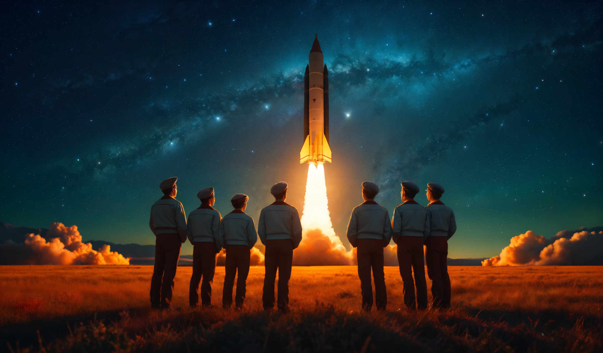 A group of people in military uniforms stand in a line watching a rocket launch. The rocket is bright orange and is shooting up into the sky. The sky is dark blue and is filled with stars. The people are standing on a grassy field.