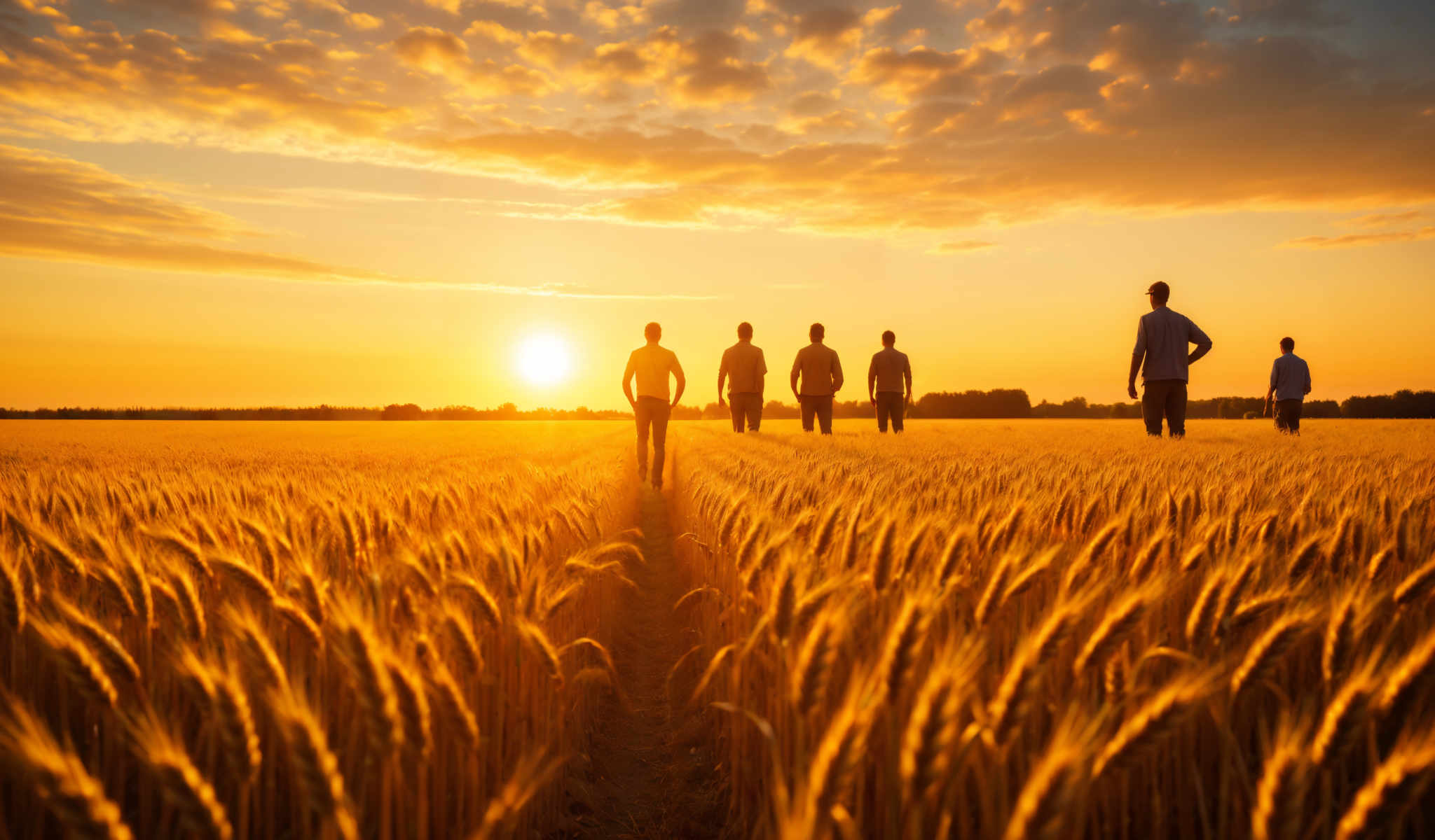 A group of people walking through a field of golden wheat.