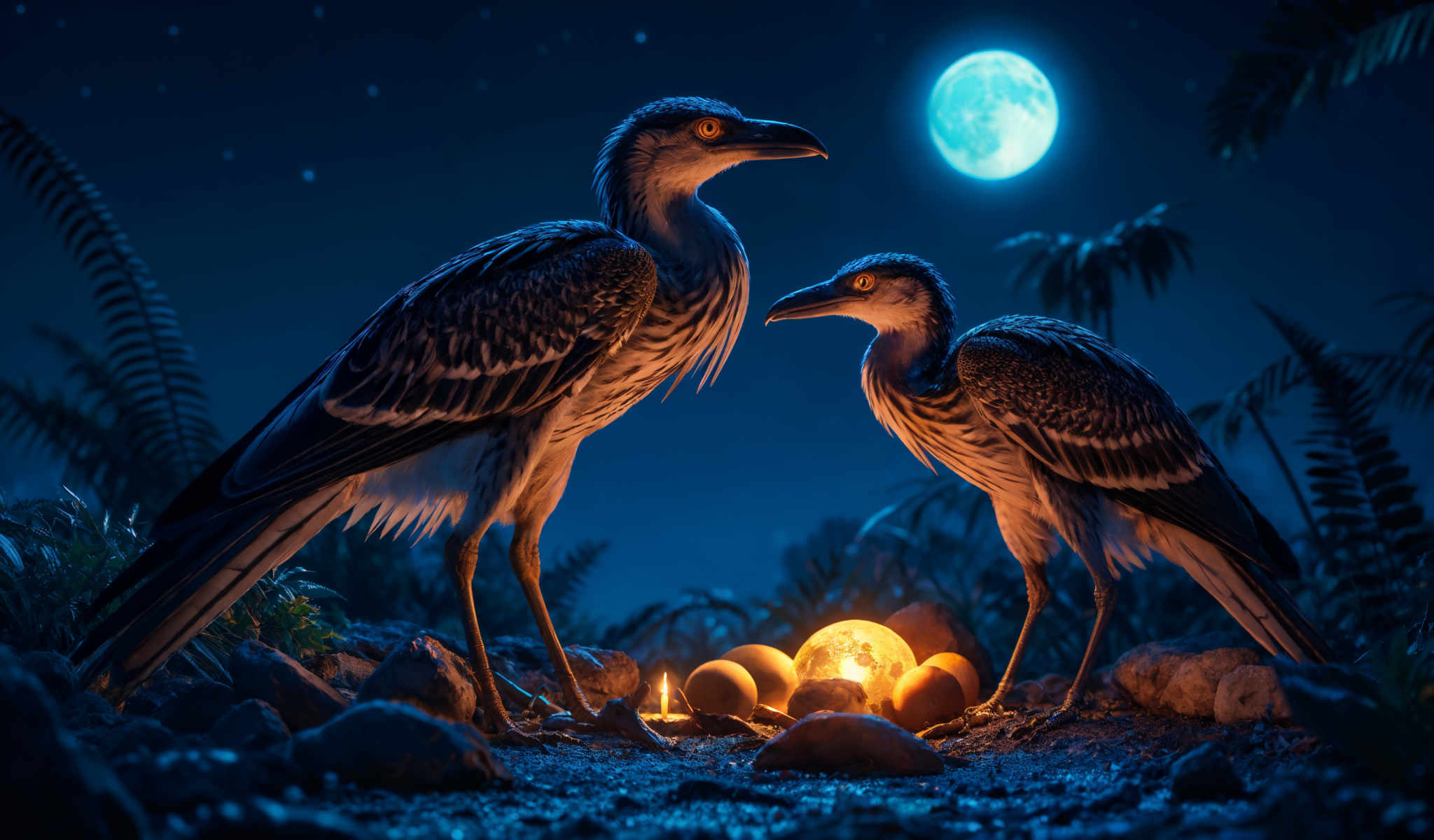 Two birds standing on a rock with a full moon in the background.