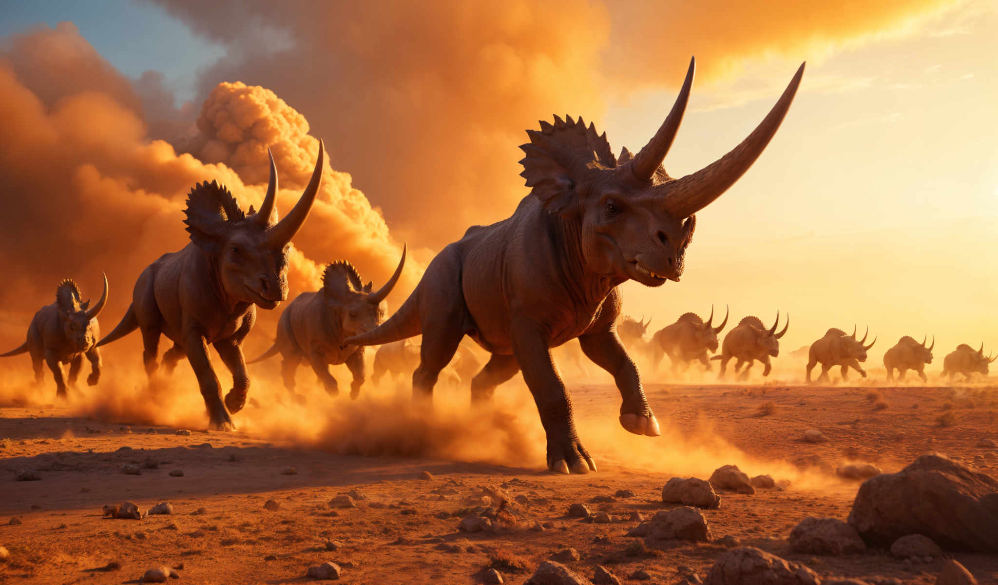 A herd of rhinos is seen running through a desert.