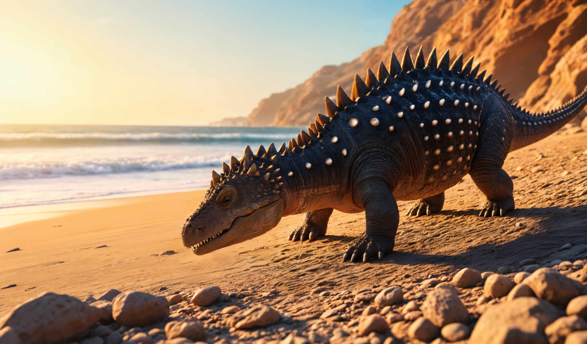 A black dinosaur with spikes on its back is walking on a beach.