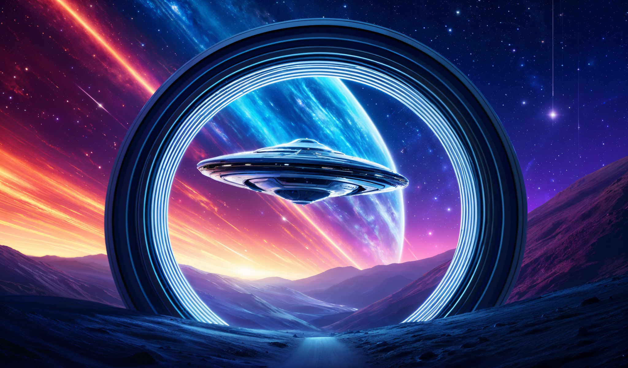 A futuristic scene with a spaceship flying through a large ring of light.