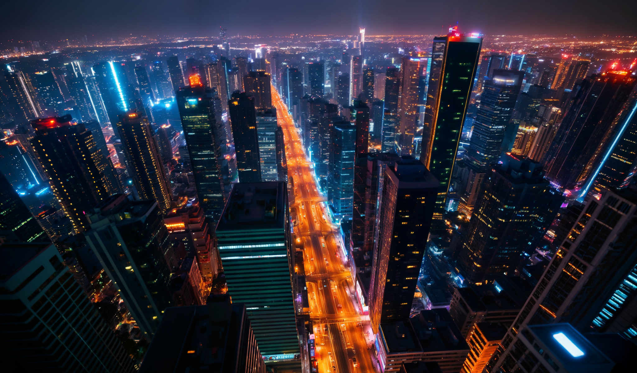 A cityscape at night with a long brightly lit road cutting through the center. The road is lined with tall buildings their windows glowing with a variety of colors. The buildings are illuminated creating a vibrant and lively atmosphere. The sky above is dark suggesting it's late in the evening. The city appears to be bustling and full of life even at this hour. The image captures the essence of urban nightlife with the city's lights reflecting off the road and creating a beautiful colorful spectacle.