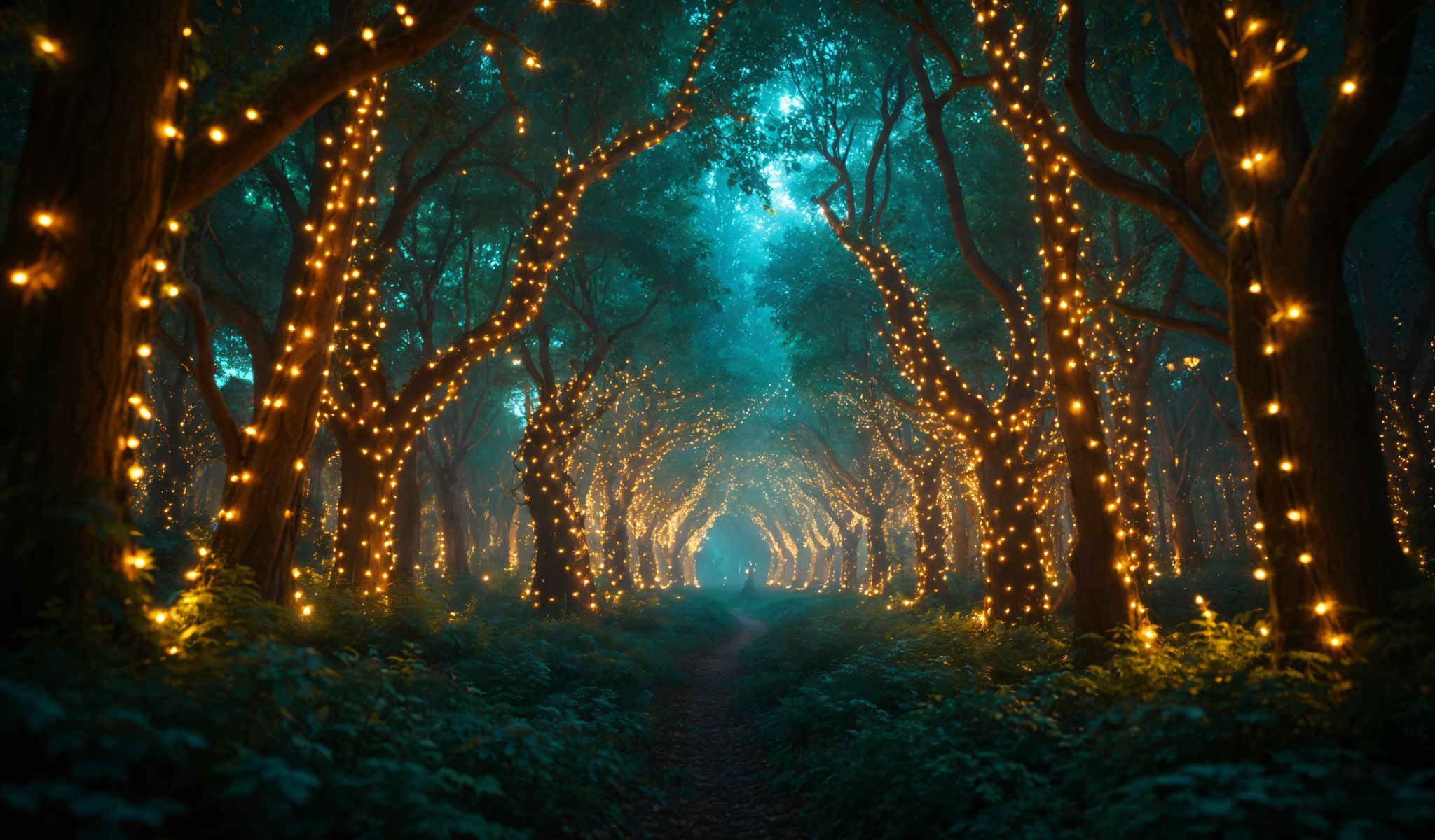 A forest of trees with lights on them.