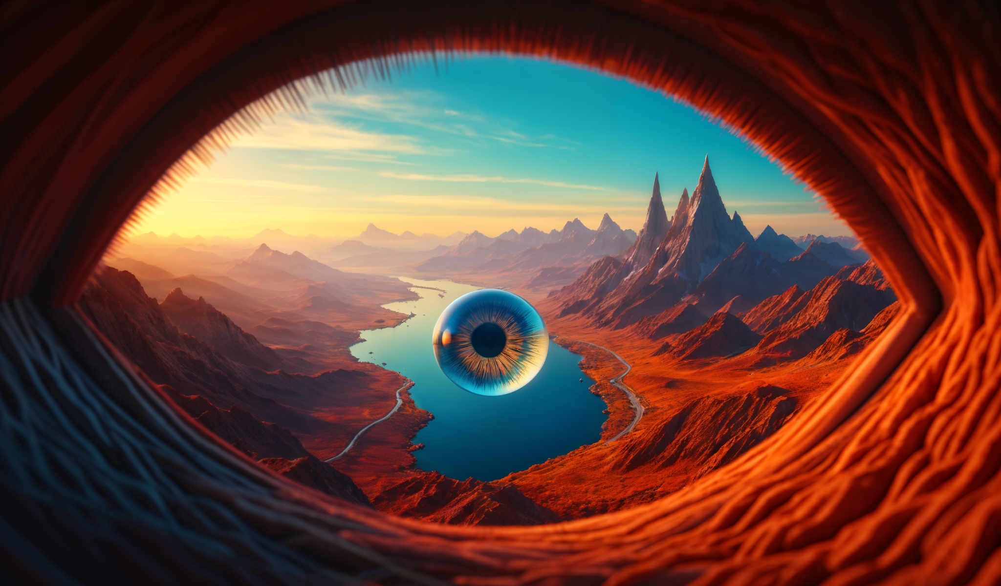 A surreal image of a blue eye floating over a red and orange landscape with mountains in the background.