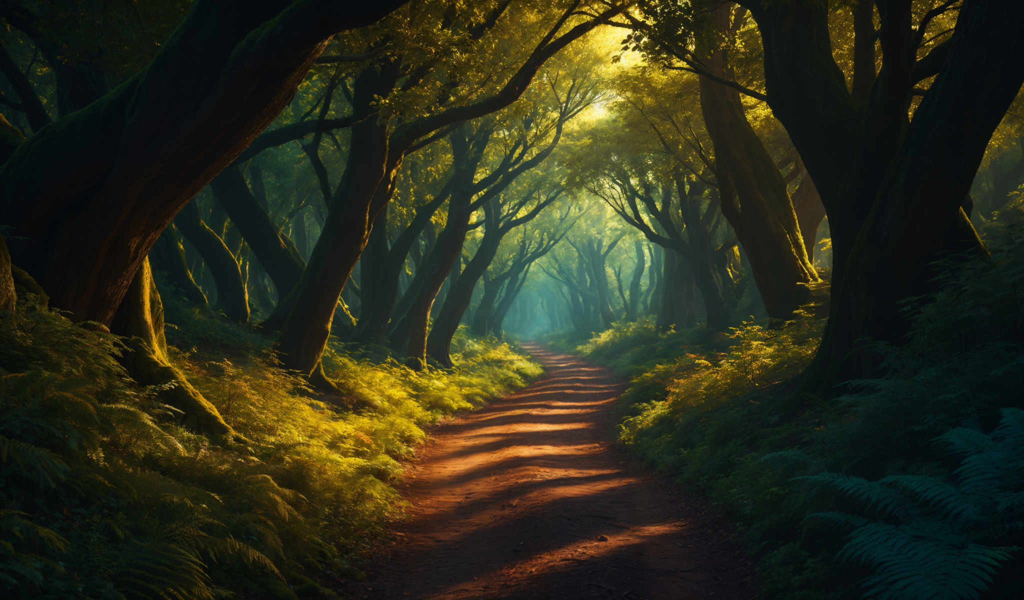 A forest path with trees on both sides. The path is made of dirt and is surrounded by green foliage. The trees are tall and have green leaves. The sky is visible through the trees and is blue. The sun is shining through the leaves creating a beautiful light effect. The image is taken from a low angle looking up at the trees. The colors in the image are vibrant and the lighting is natural. The forest appears to be dense and the path seems to be well-trodden. The overall scene is peaceful and serene.