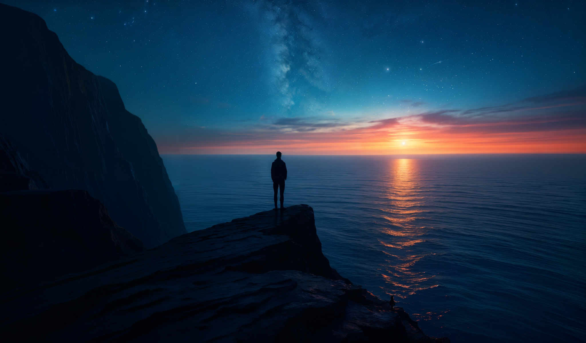 A man stands on a cliff overlooking the ocean at sunset.