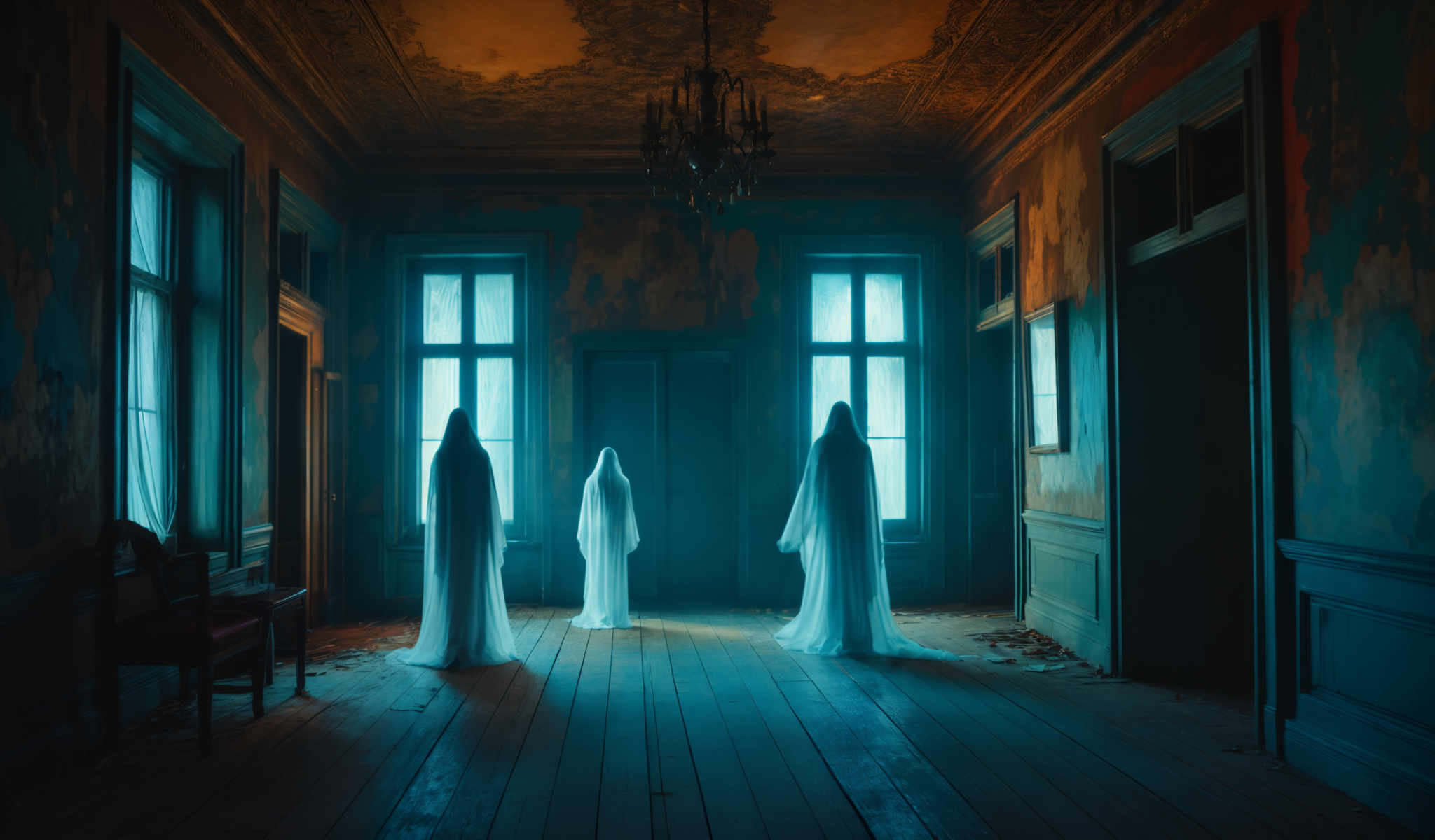 Three ghostly figures stand in a room with blue windows and a chandelier.