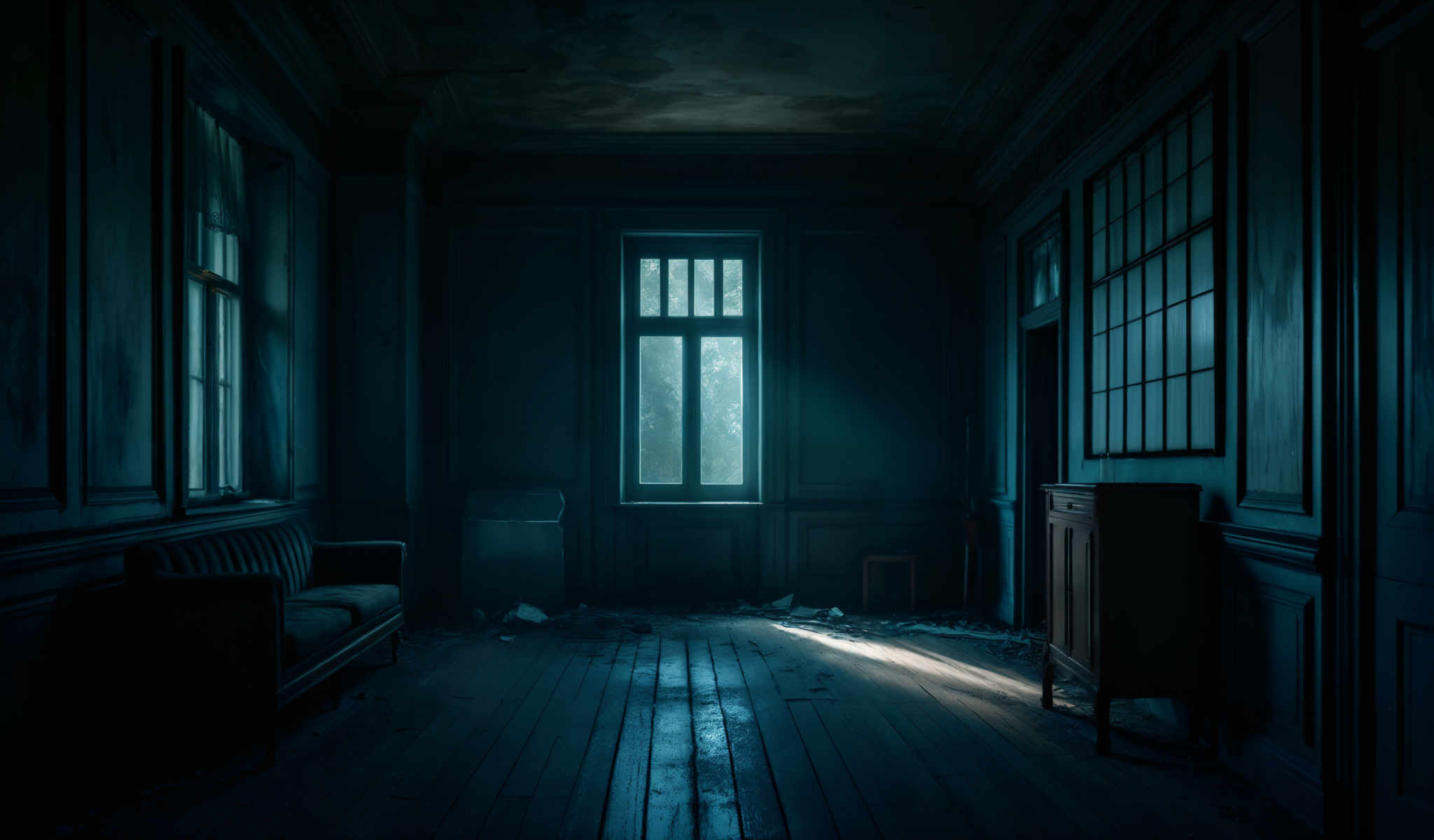 A dimly lit room with a large window and a wooden floor.