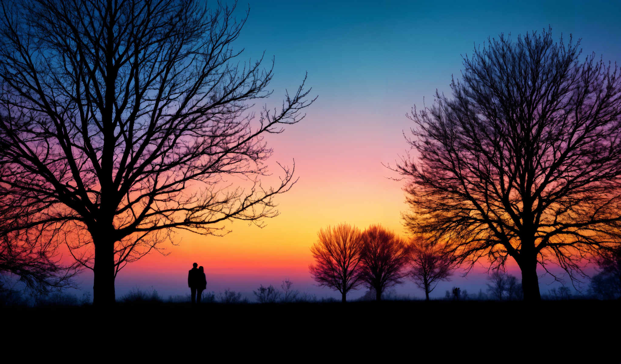 A man stands in a field of trees at sunset.