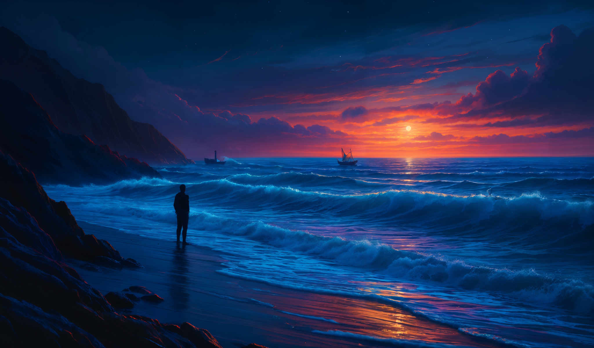 A man stands on a beach at sunset watching the boats in the ocean.