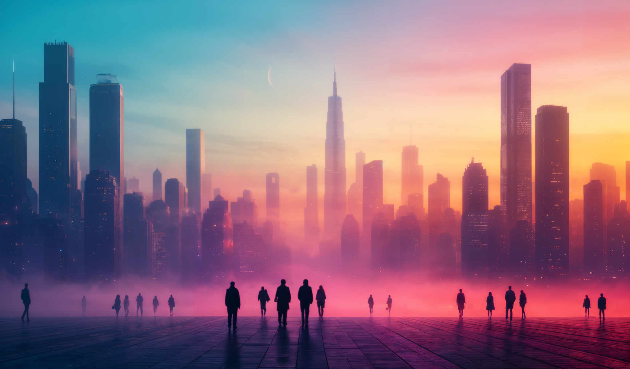 A group of people walking in front of a city skyline with a large building in the center.