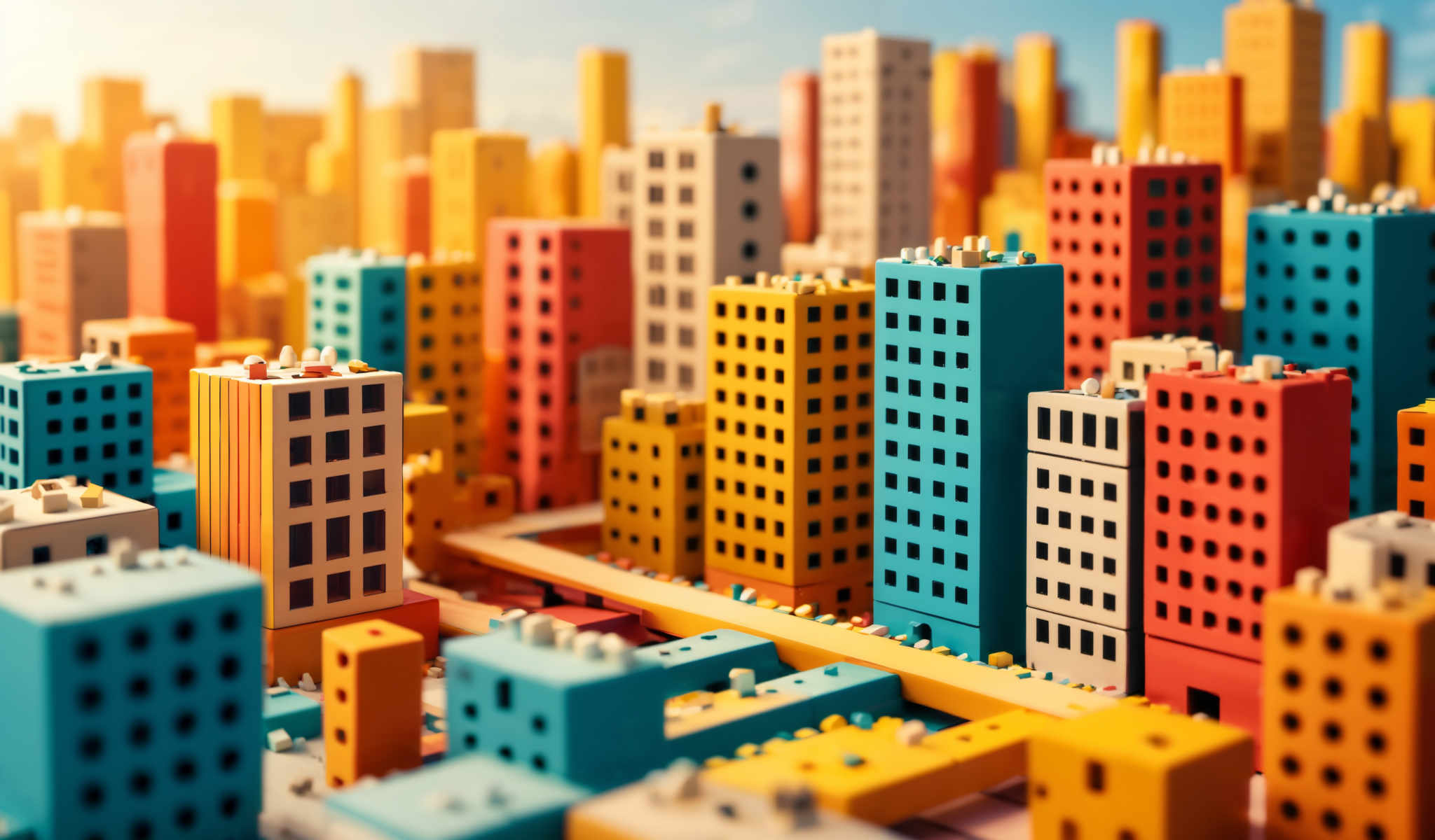 A colorful cityscape made of Lego blocks. The buildings are painted in various colors including blue yellow and red. The city is bustling with activity with Lego figures moving about on the ground. The perspective of the photo is from a high angle looking down on the city. The image is vibrant and full of life capturing the essence of a busy city.