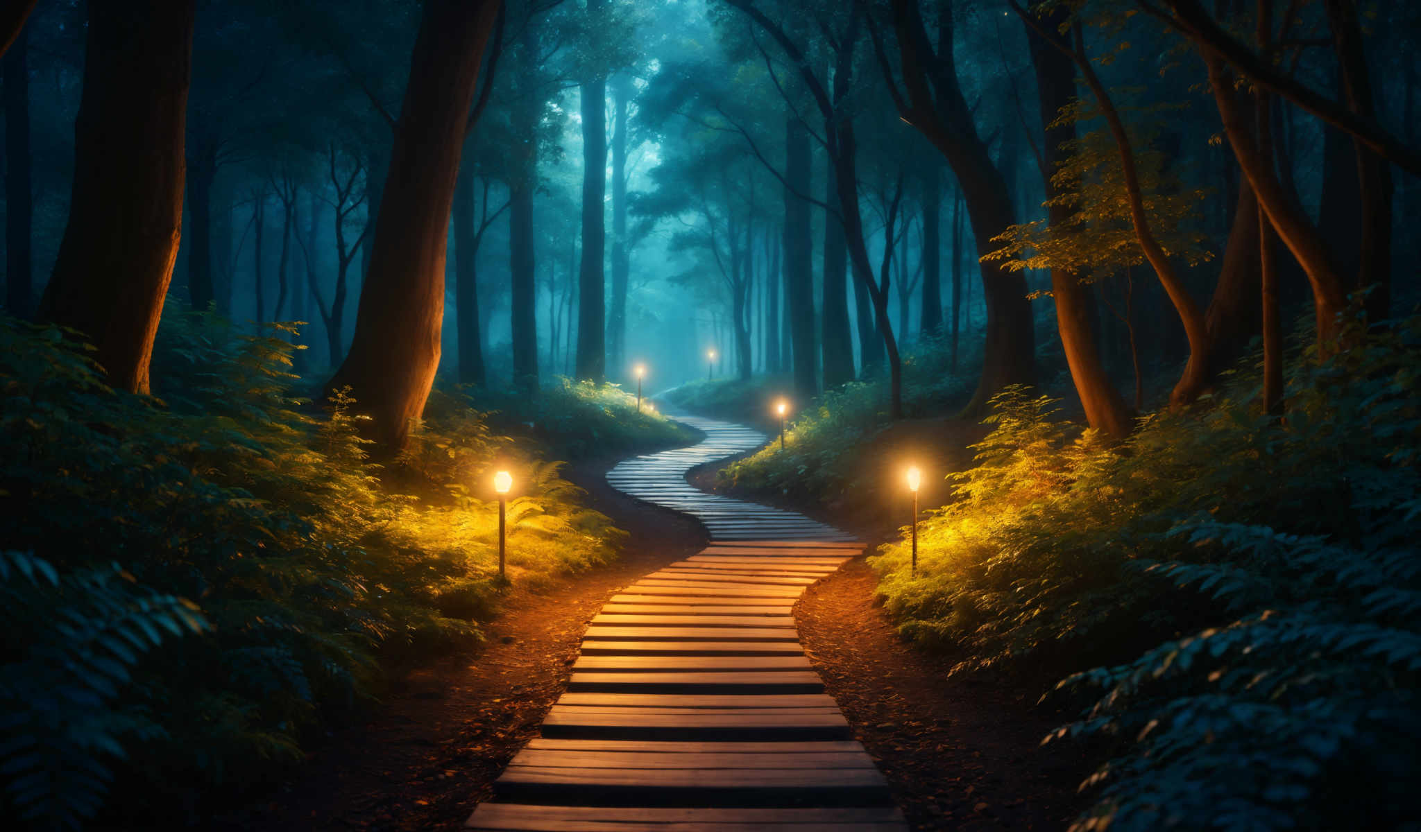 A path in the woods with lights on the sides.