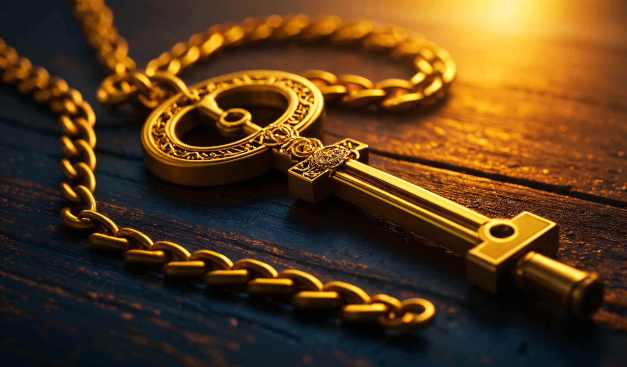 A gold chain with a key and a pendant. The key is attached to the chain with two gold links. The pendant is a gold circle with a design on it. The chain is on a wooden surface.