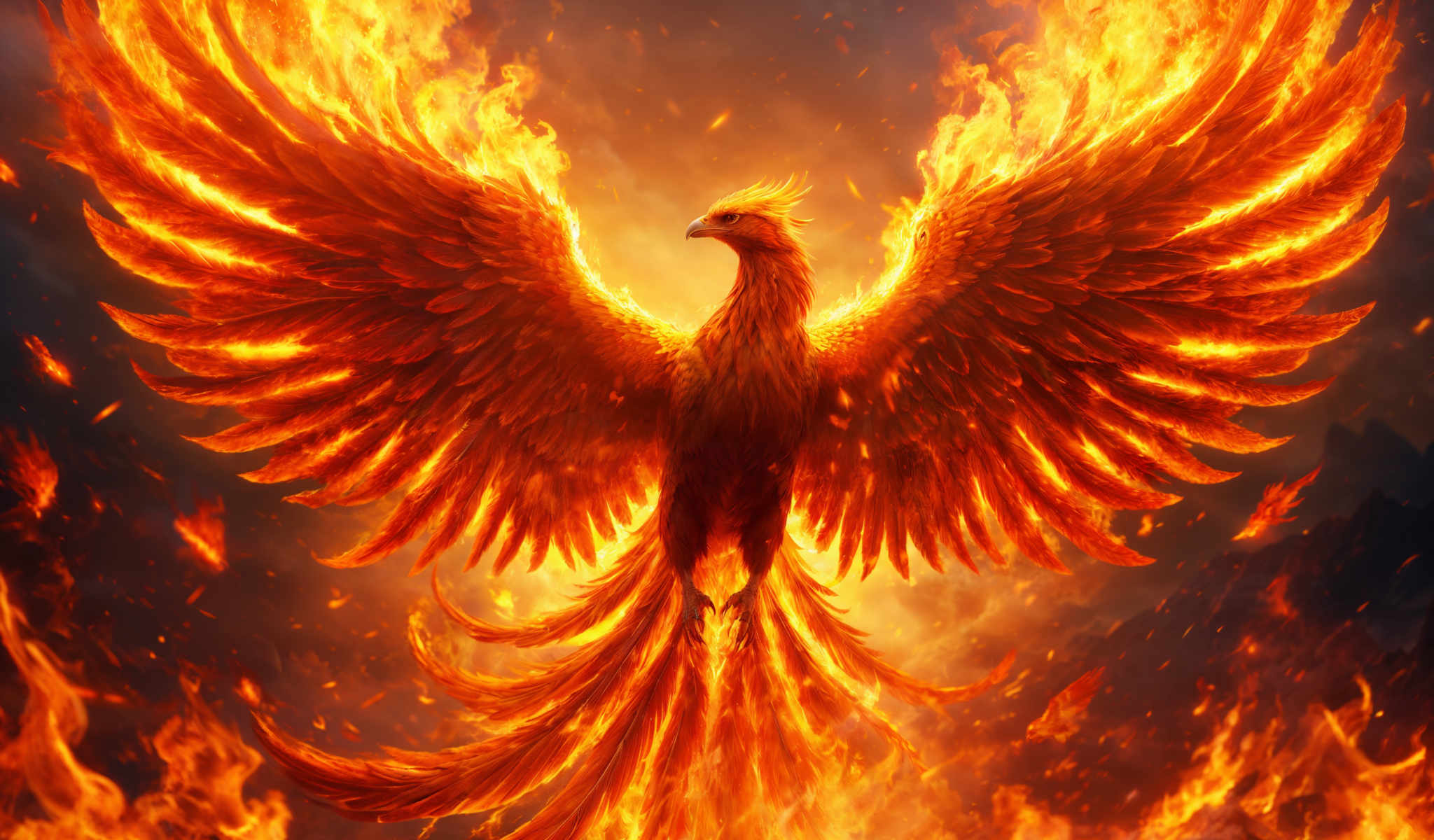 A fiery orange phoenix with yellow feathers and a yellow beak.