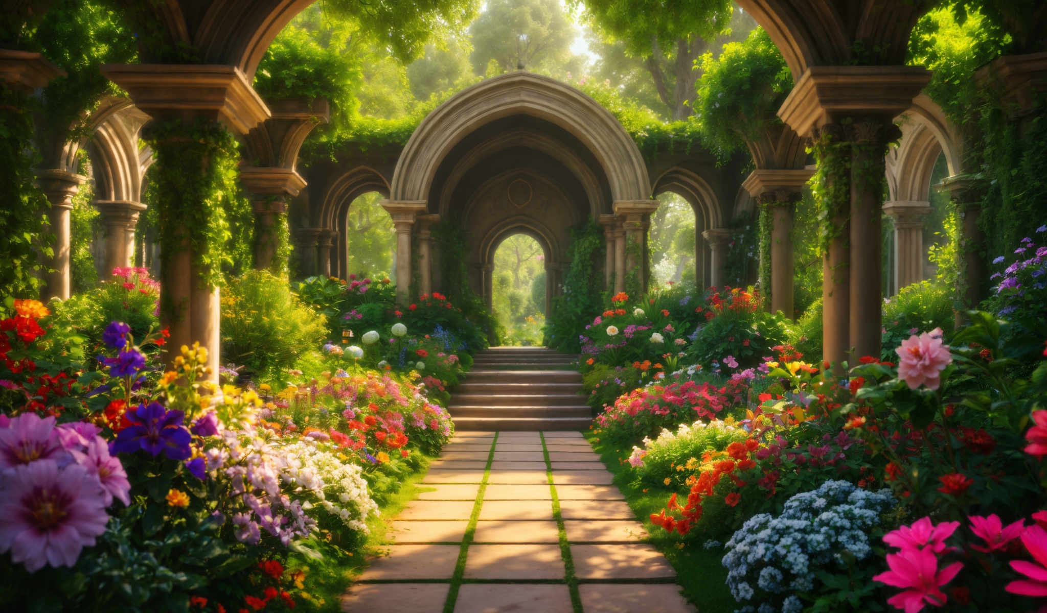 A beautiful garden with a stone archway and a set of stairs leading to it. The garden is filled with a variety of colorful flowers and plants. The archway is adorned with greenery and has a small statue on top. The stairs are lined with flowers and lead up to the archway. The sky is visible through the arch.