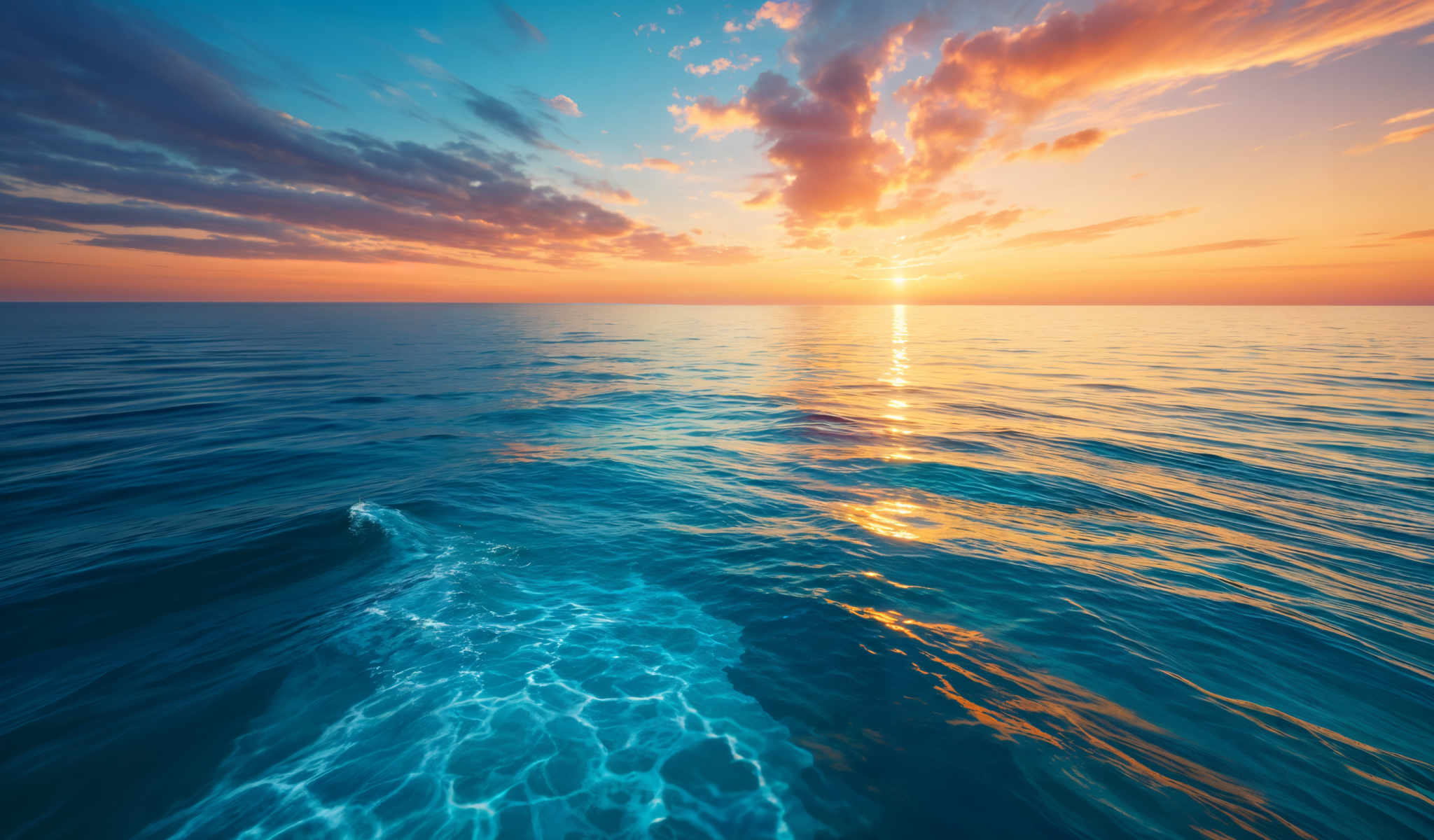 A serene ocean scene with a sunset in the background. The ocean is a deep blue color with white waves gently lapping at the shore. The sky is a beautiful blend of orange and blue hues with the sun setting in the distance. The horizon line is clearly visible separating the sky from the ocean. The image captures the tranquility and beauty of nature with a sense of peace and calm.