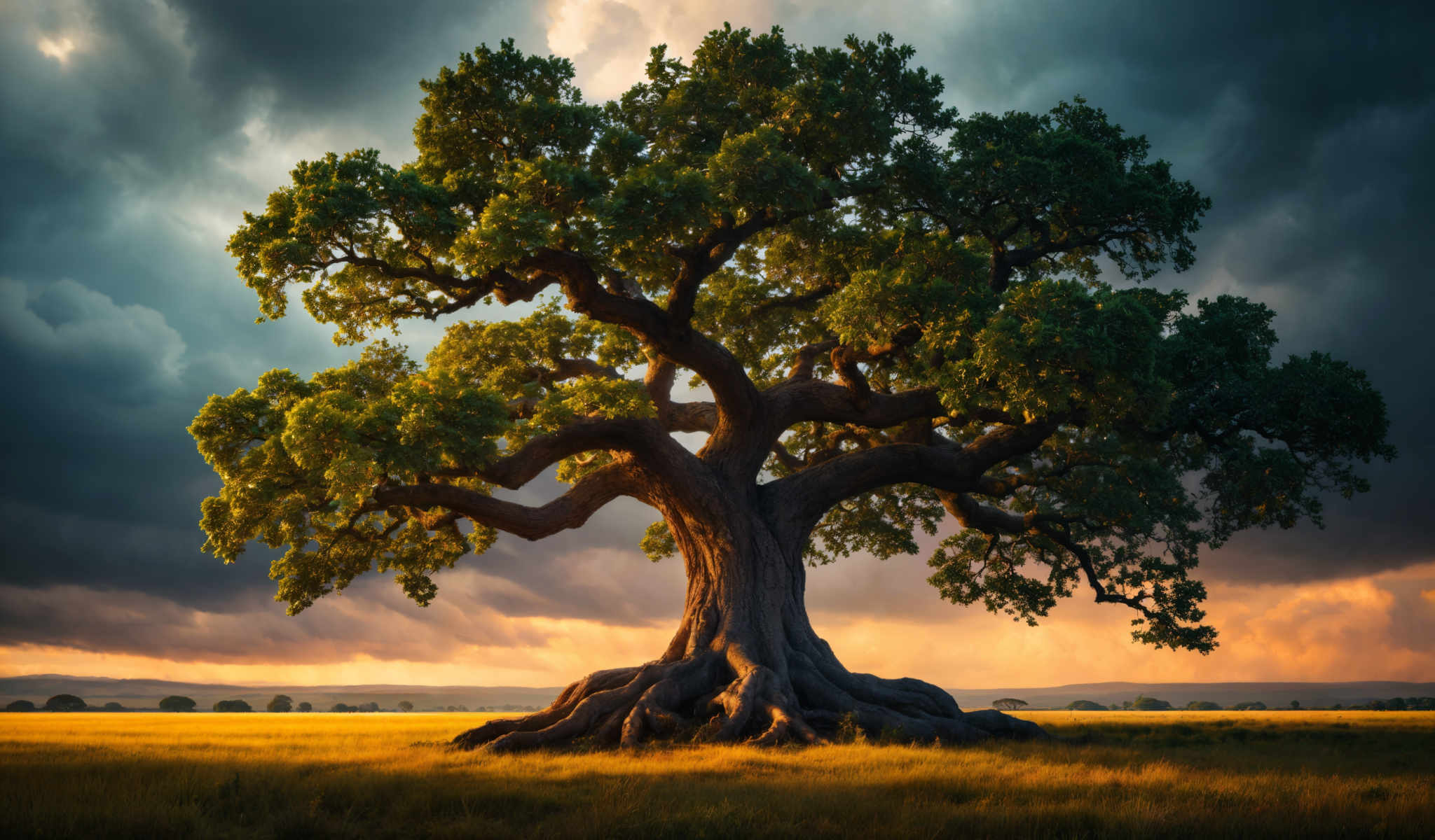 A large tree with a twisted trunk and green leaves stands in a field. The tree is surrounded by a field of tall grass. The sky above is cloudy and blue. The sun is setting in the background casting a warm glow on the scene. The image is a beautiful representation of nature's majesty.