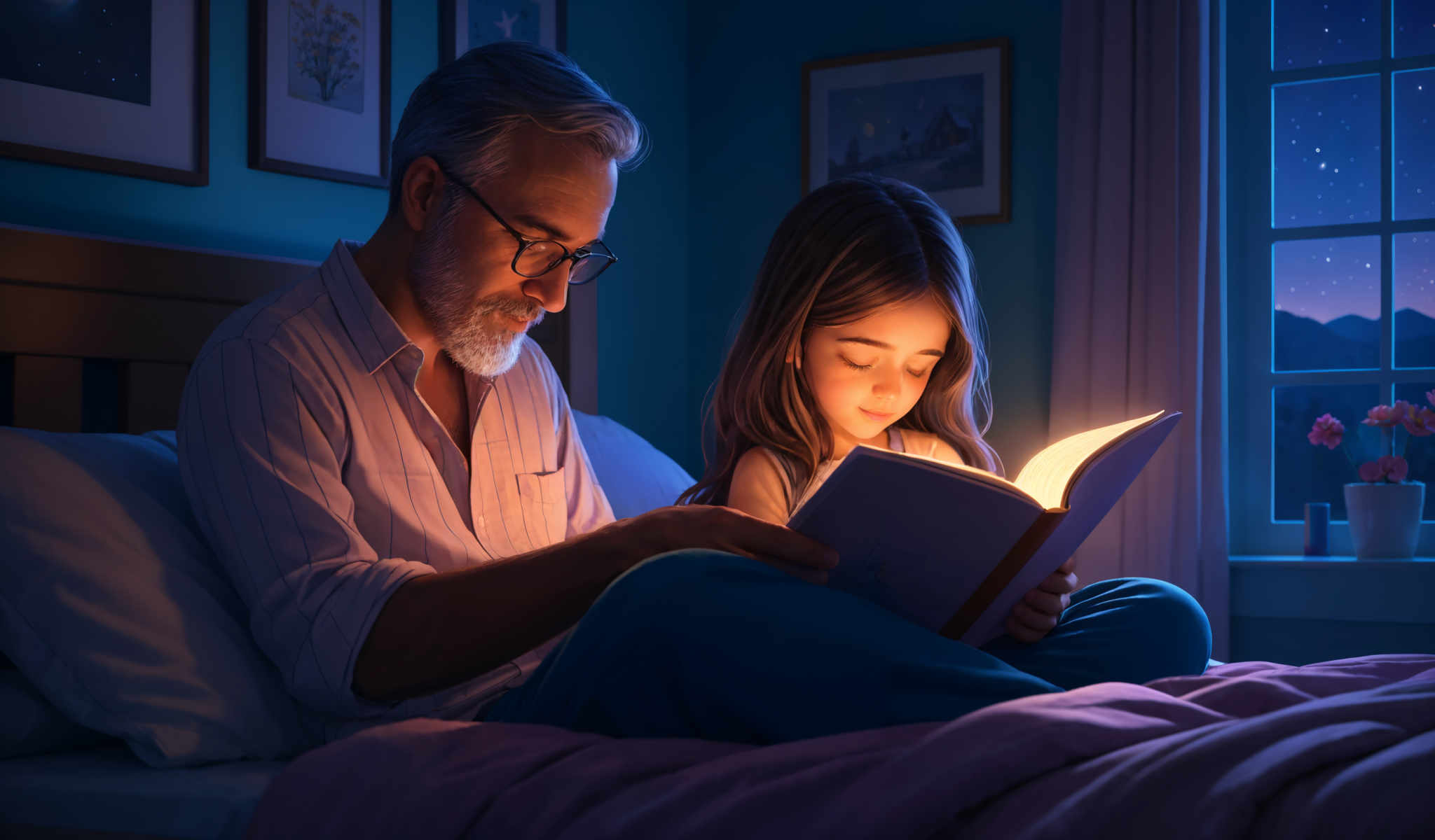 A man and a girl are reading a book together. The man is wearing a pink shirt and glasses. The girl is wearing pajamas. They are sitting on a bed.