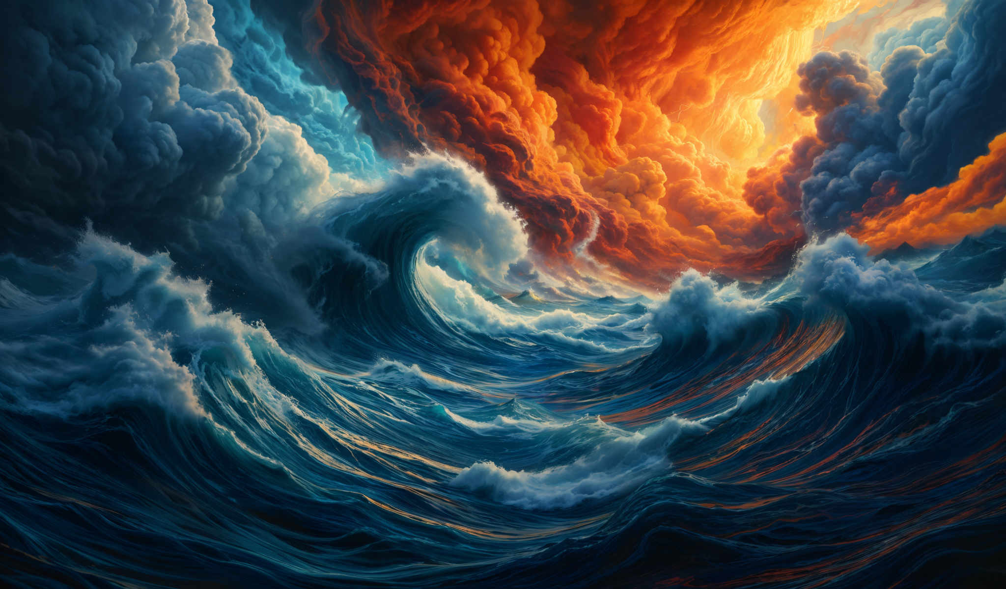 A painting of a stormy sea with a large wave in the center. The wave is blue and white and it is crashing over the water. The sky is red and orange with clouds in the background. The painting is done in a realistic style.