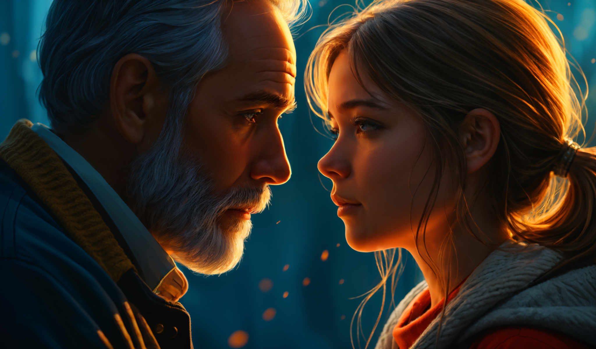 Two people a man and a woman are standing close to each other. The man has a beard and is wearing a blue shirt. The woman is wearing an orange shirt. They are looking at each other and their faces are very close. The background is a dark blue color with orange sparks flying around them.