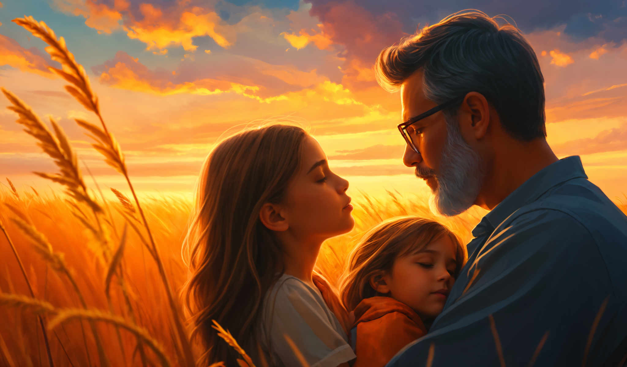 A father and daughter are standing in a field of tall grass. The father wearing glasses is hugging his daughter. The sky is painted with hues of orange and yellow indicating that the sun is setting.