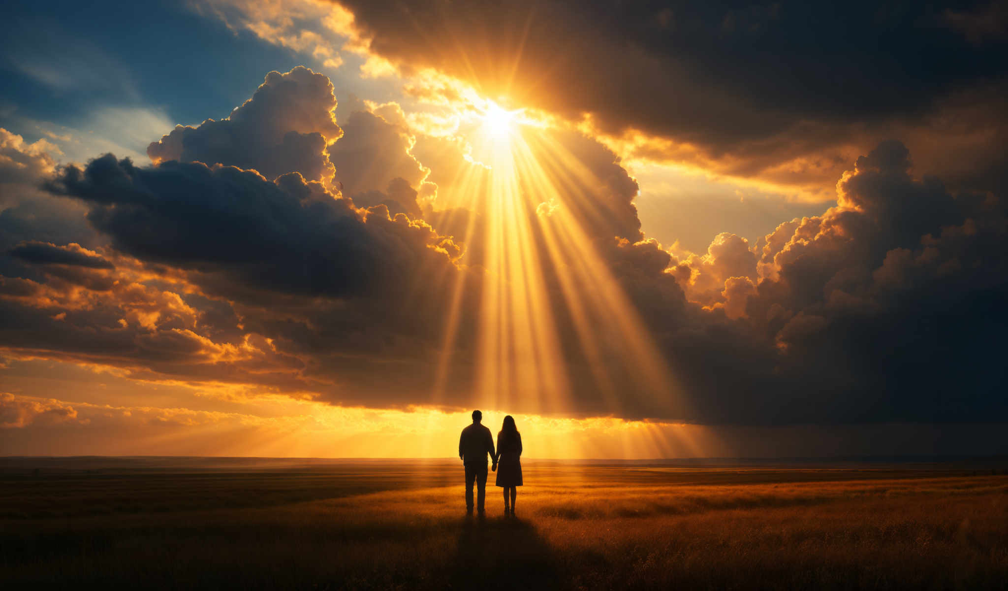 Two people standing in a field with a sunset in the background.